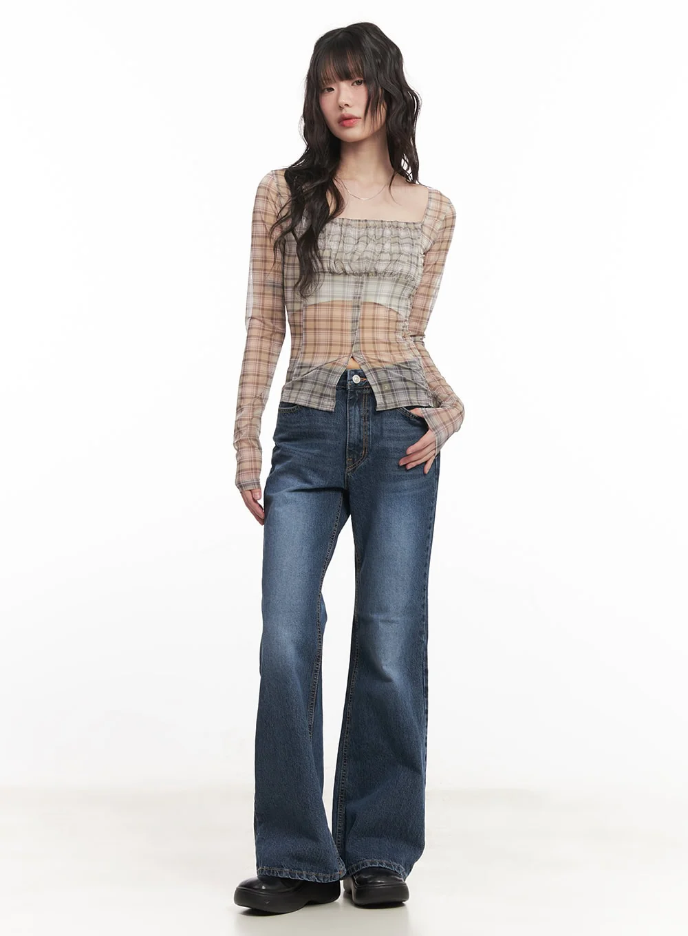 Sheer Checkered Square Neck Crop Top CM520 - Image 2