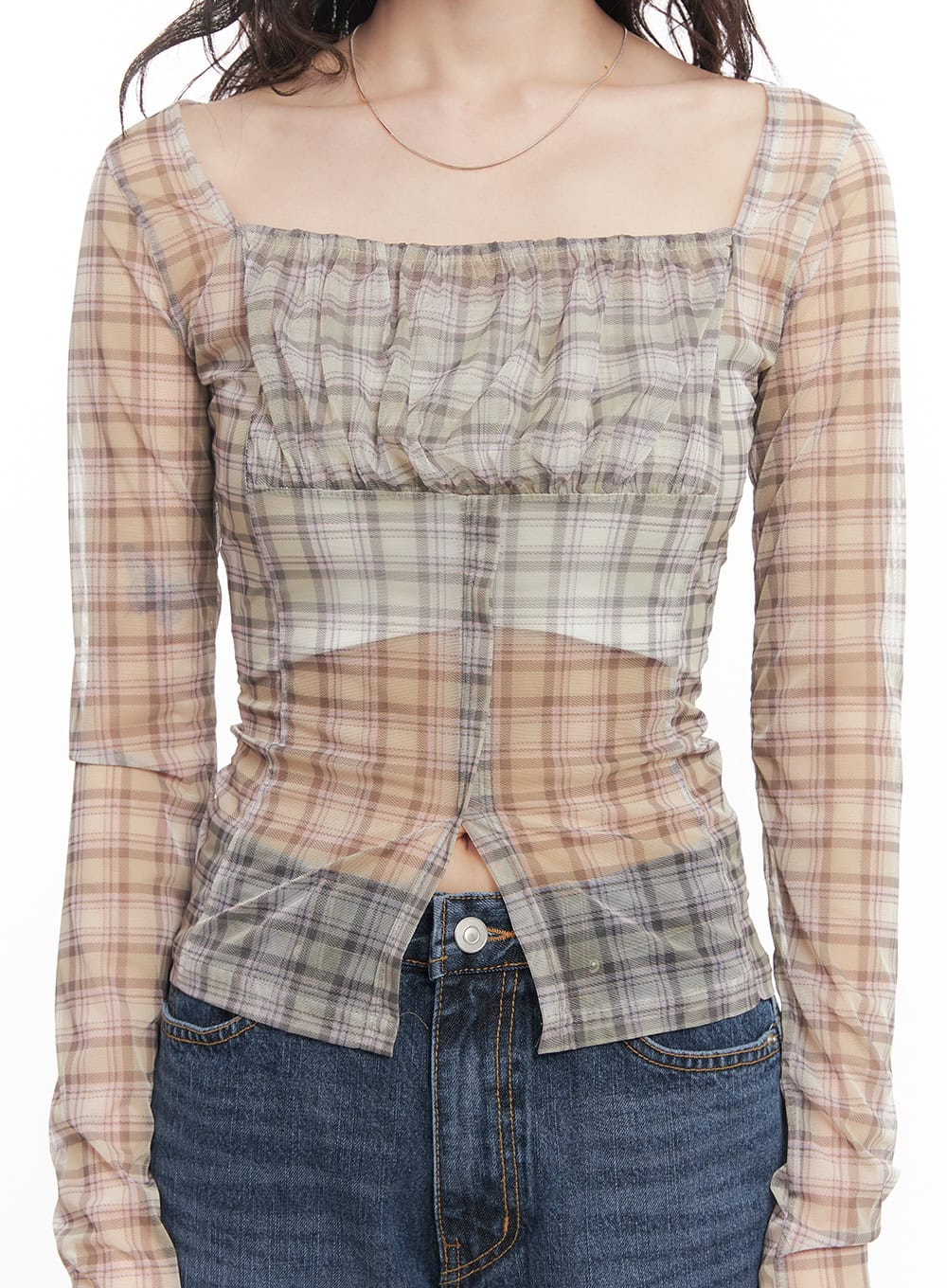 Sheer Checkered Square Neck Crop Top CM520 - Image 3