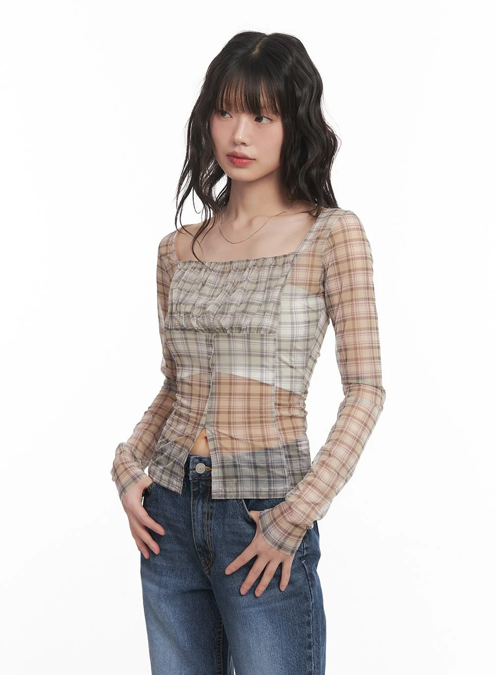 Sheer Checkered Square Neck Crop Top CM520 - Image 8