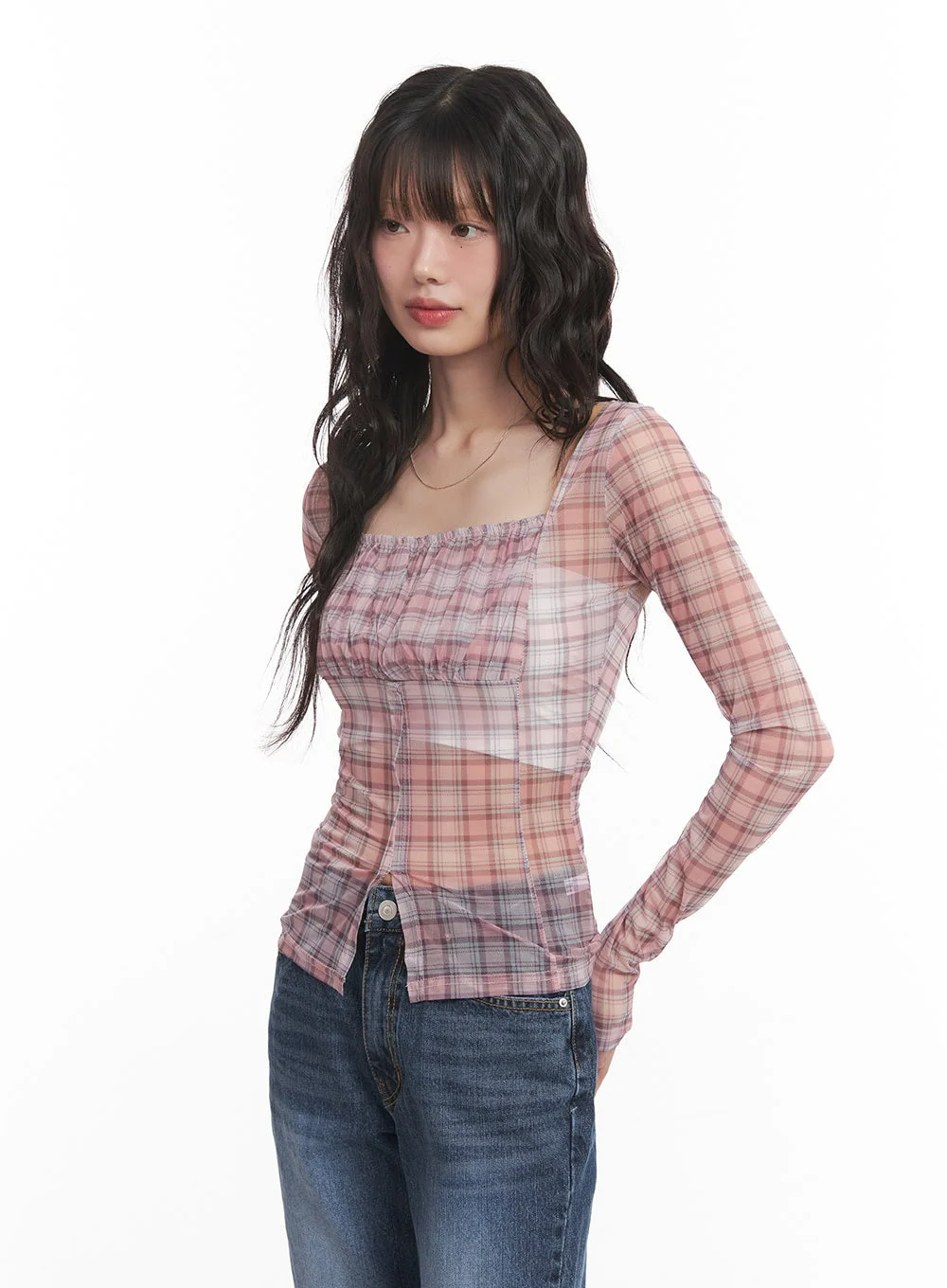 Sheer Checkered Square Neck Crop Top CM520 - Image 9