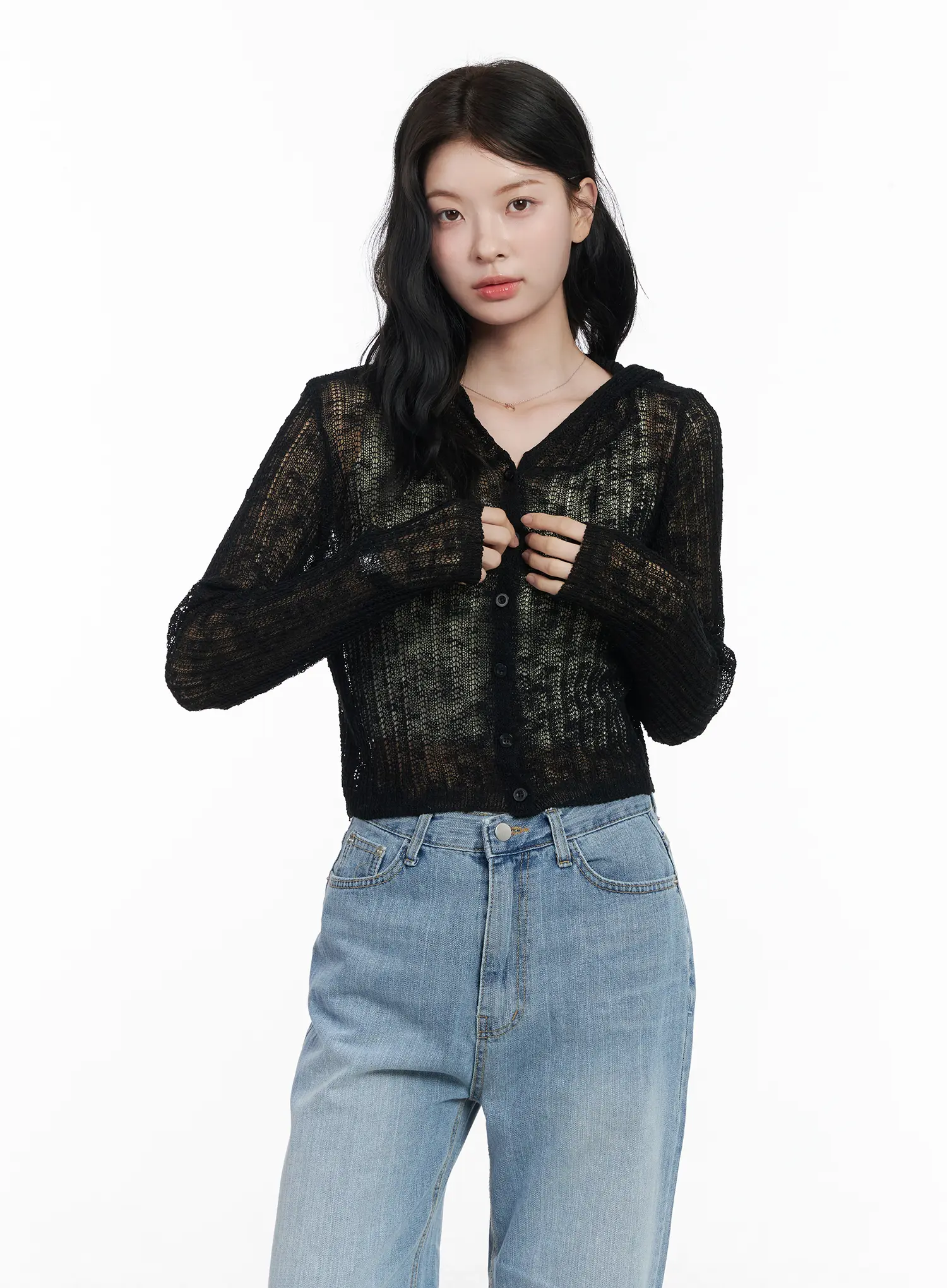 Sheer Crop Hoodie Knit Cardigan CA510 - Image 2