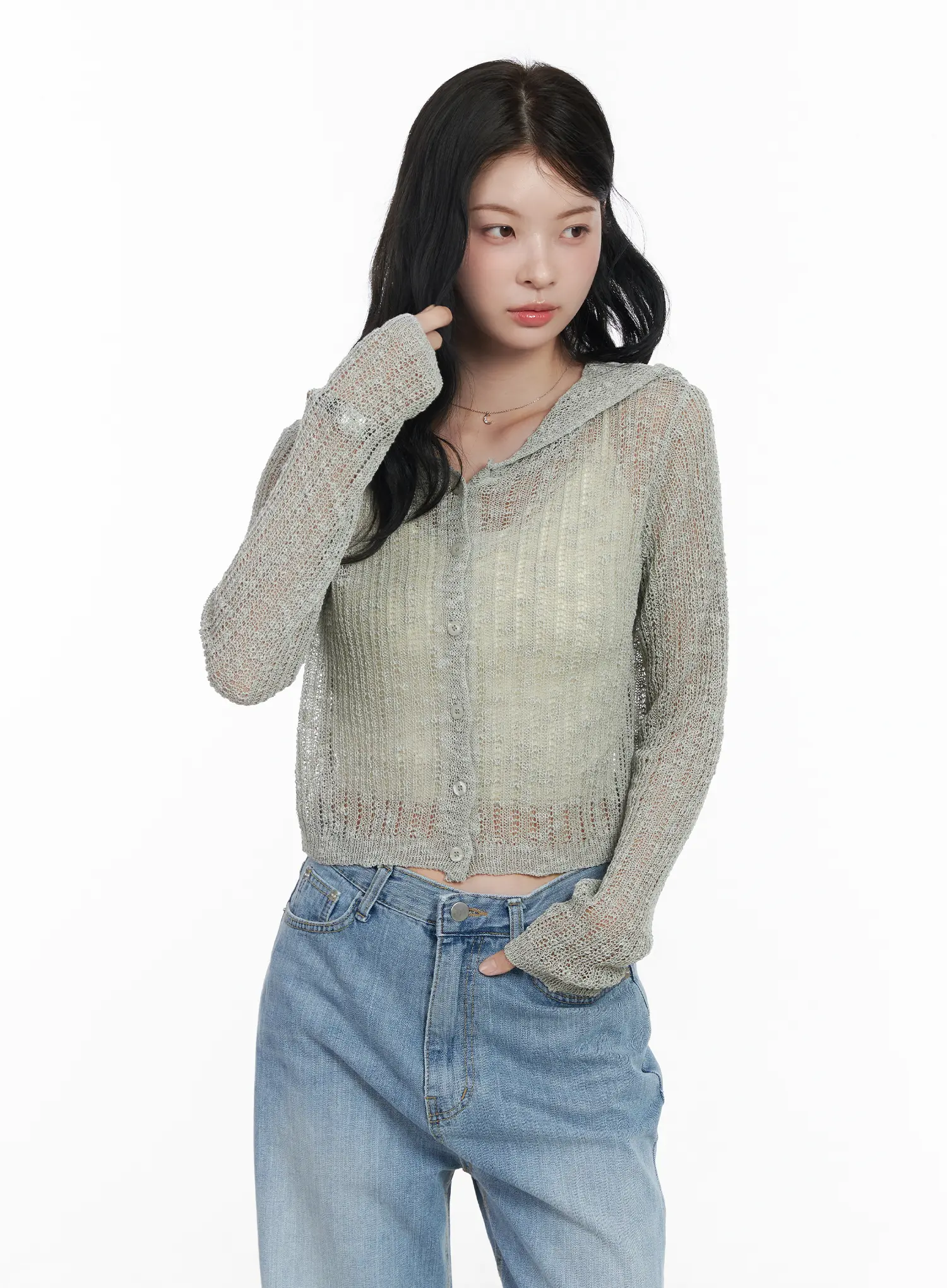 Sheer Crop Hoodie Knit Cardigan CA510 - Image 4