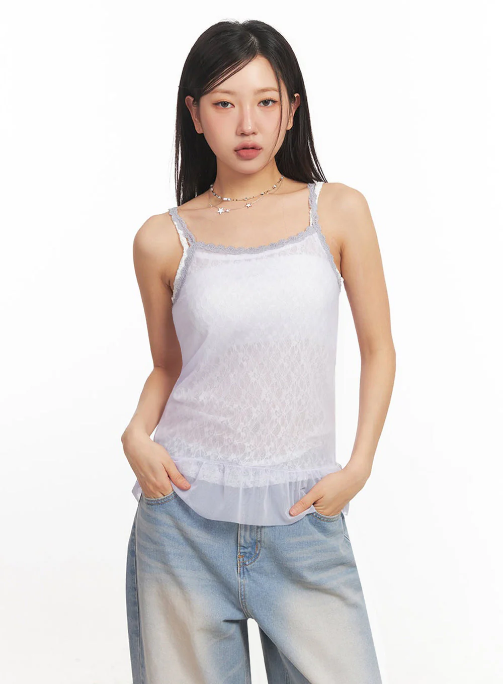 Sheer Frill-Trim Lace Cami Top IA524 - Image 10