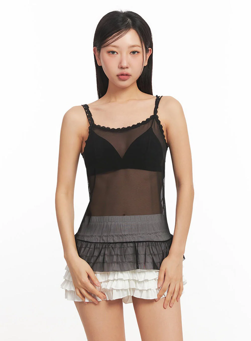 Sheer Frill-Trim Lace Cami Top IA524 - Image 6