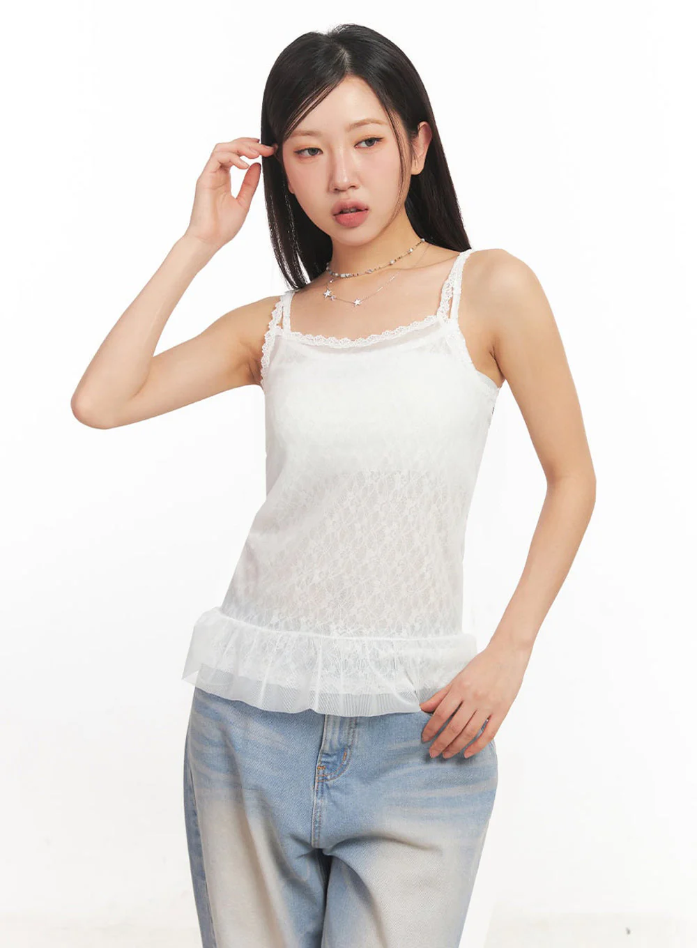 Sheer Frill-Trim Lace Cami Top IA524 - Image 7