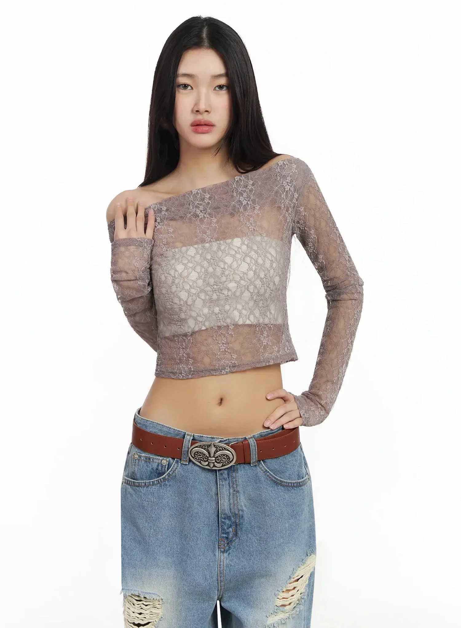 Sheer Lace Off-Shoulder Top IA508 - Image 2
