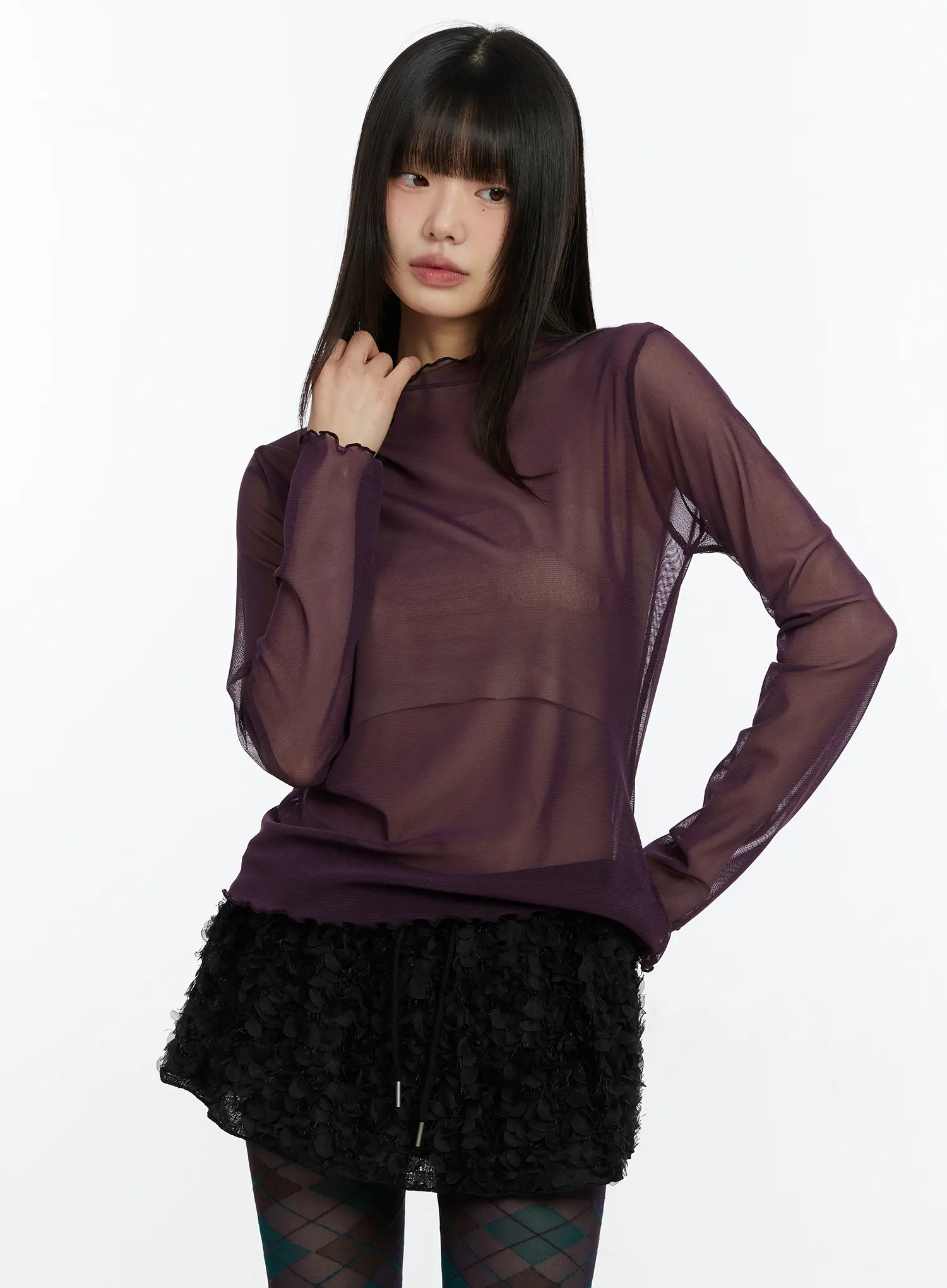 Sheer Mock Neck Long Sleeve Top CF509