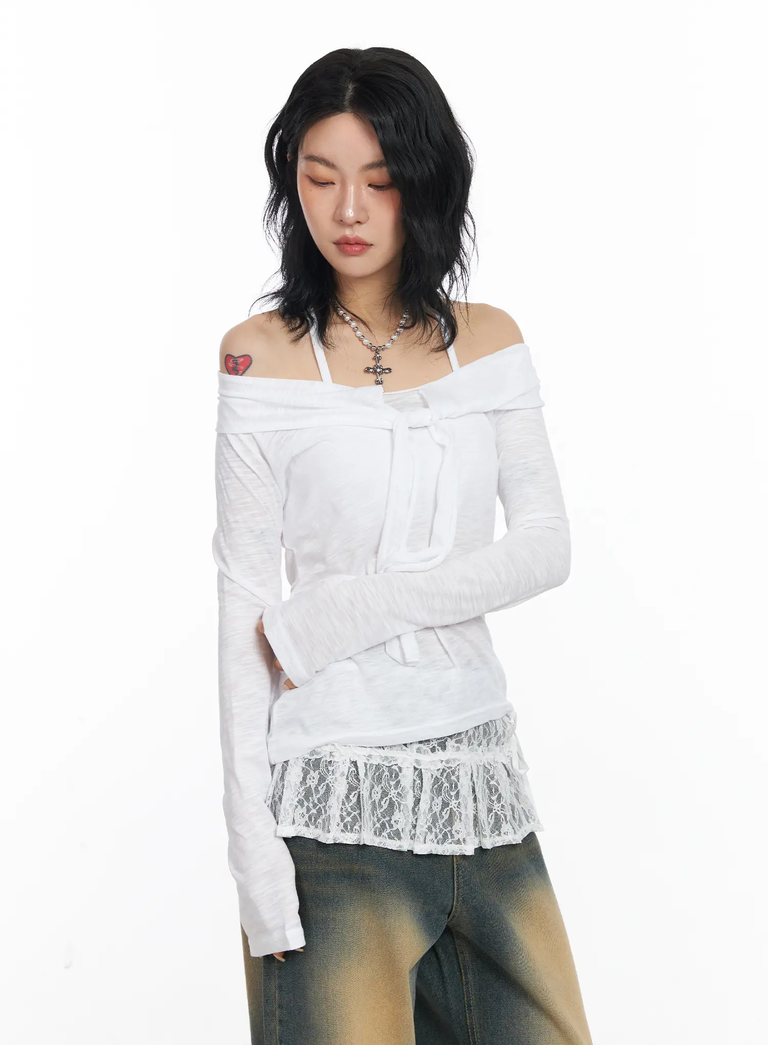 Sheer Ribbon Off-Shoulder Long Sleeve Top CJ522 - Image 2