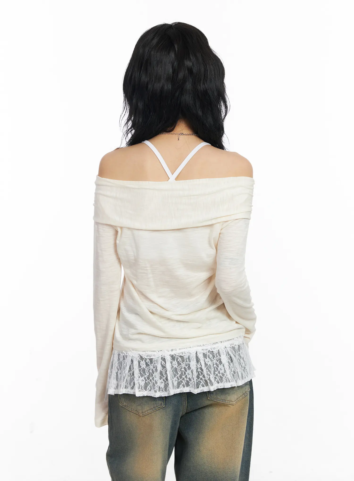 Sheer Ribbon Off-Shoulder Long Sleeve Top CJ522 - Image 8