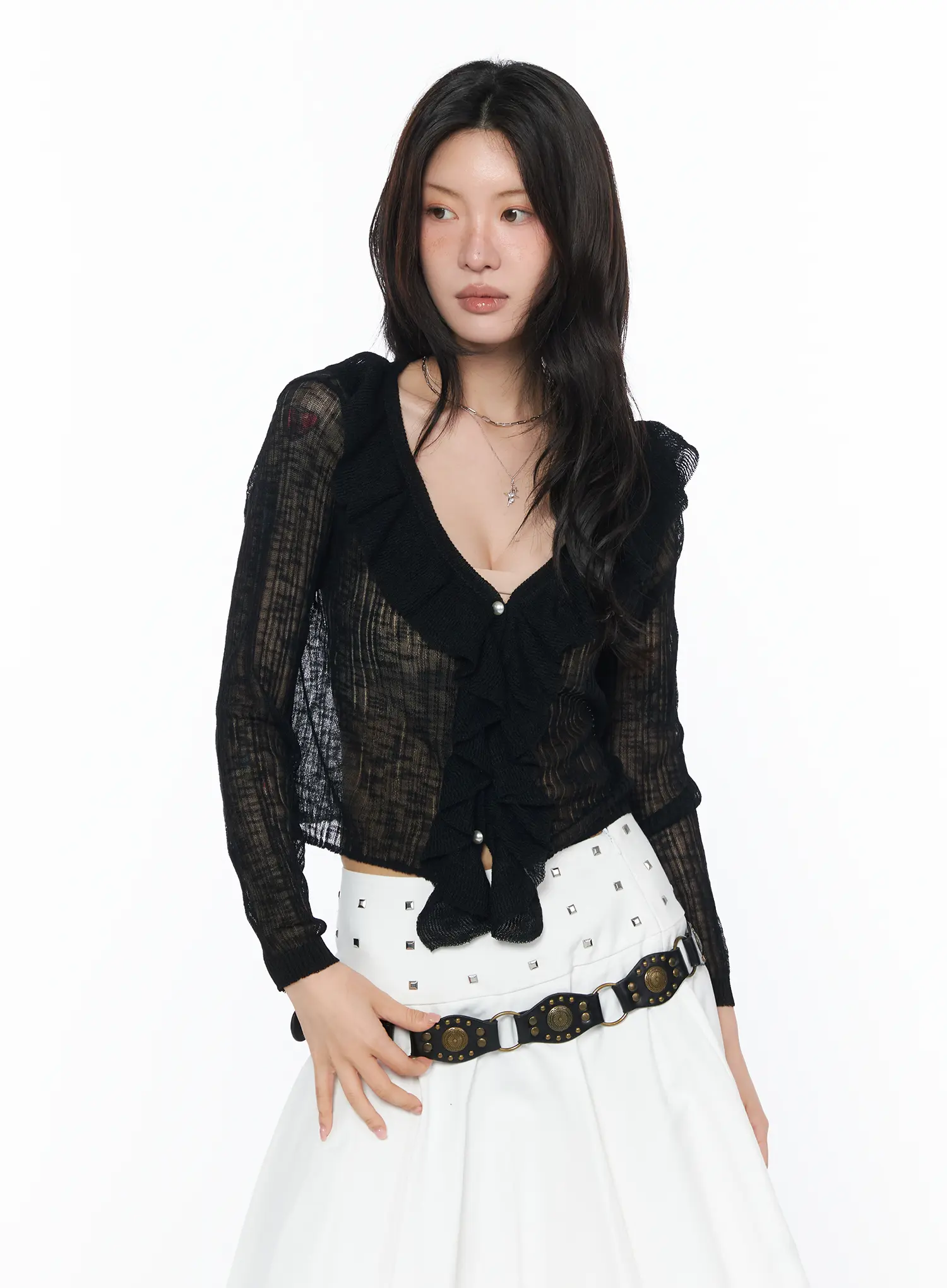 Sheer Ruffle Faux Pearl Cardigan CA527 - Image 10