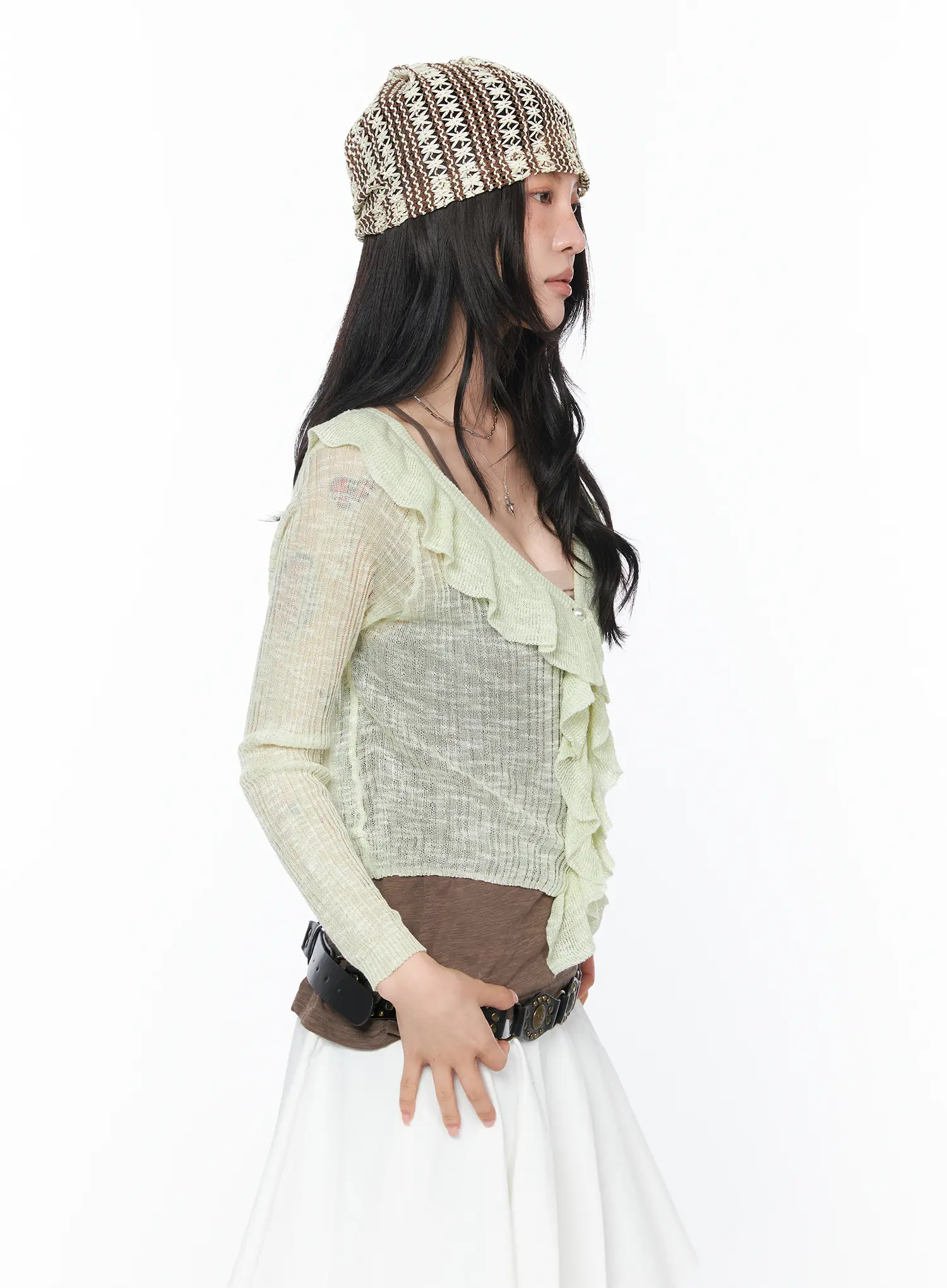 Sheer Ruffle Faux Pearl Cardigan CA527 - Image 6