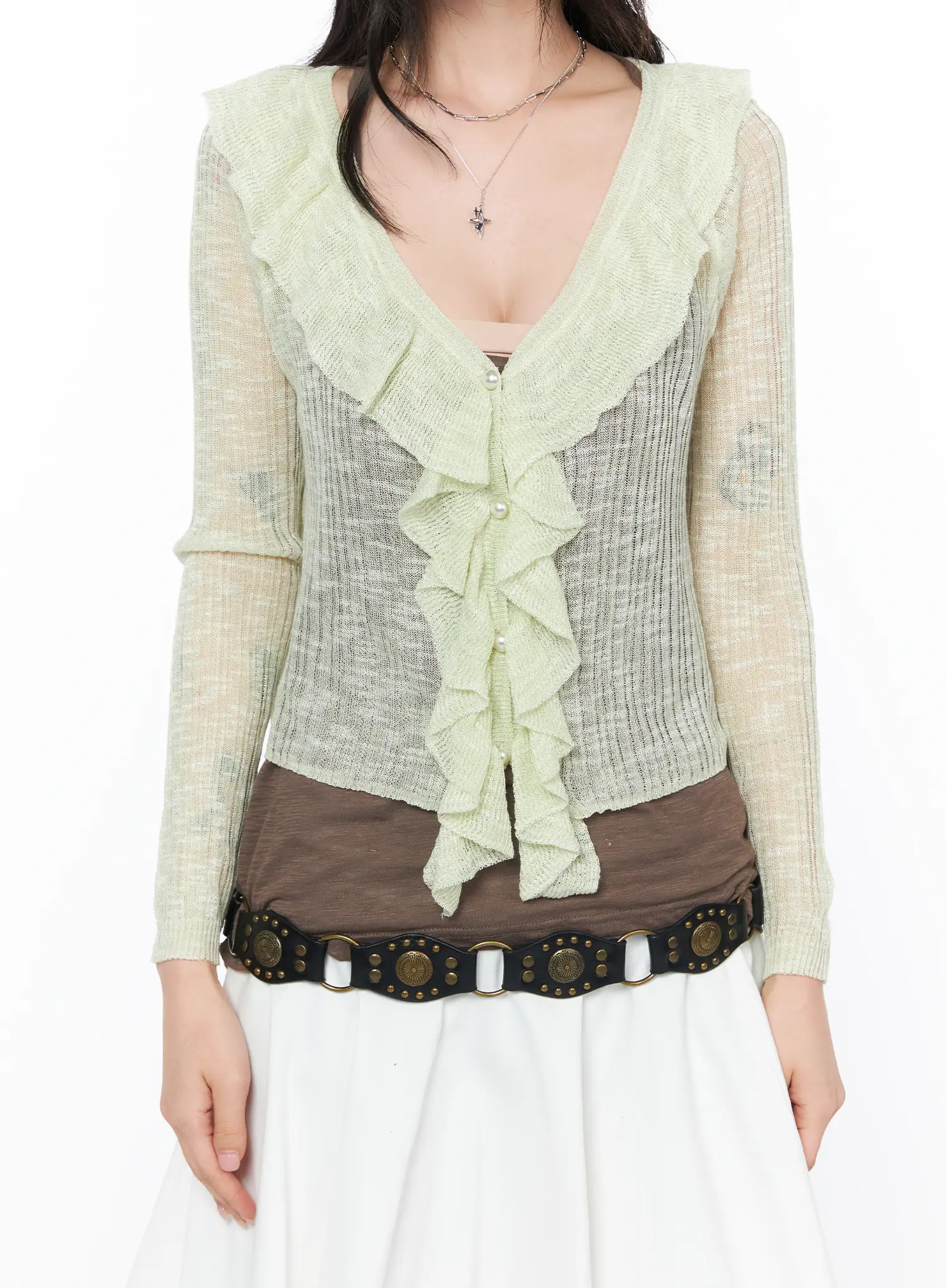 Sheer Ruffle Faux Pearl Cardigan CA527 - Image 7