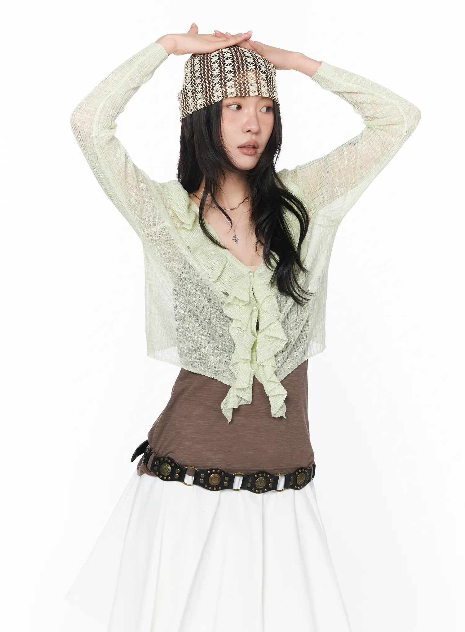 Sheer Ruffle Faux Pearl Cardigan CA527 - Image 8