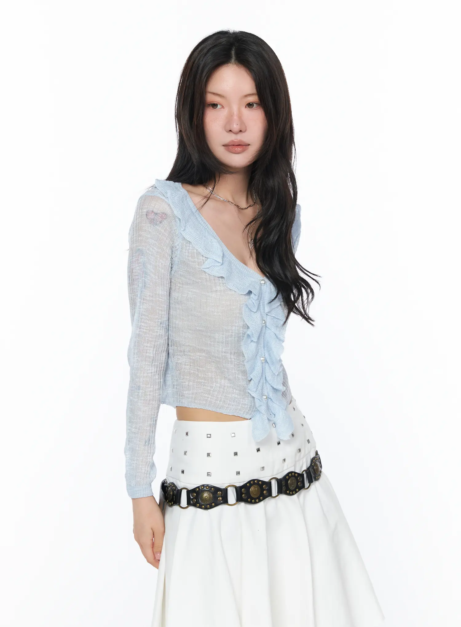 Sheer Ruffle Faux Pearl Cardigan CA527 - Image 9