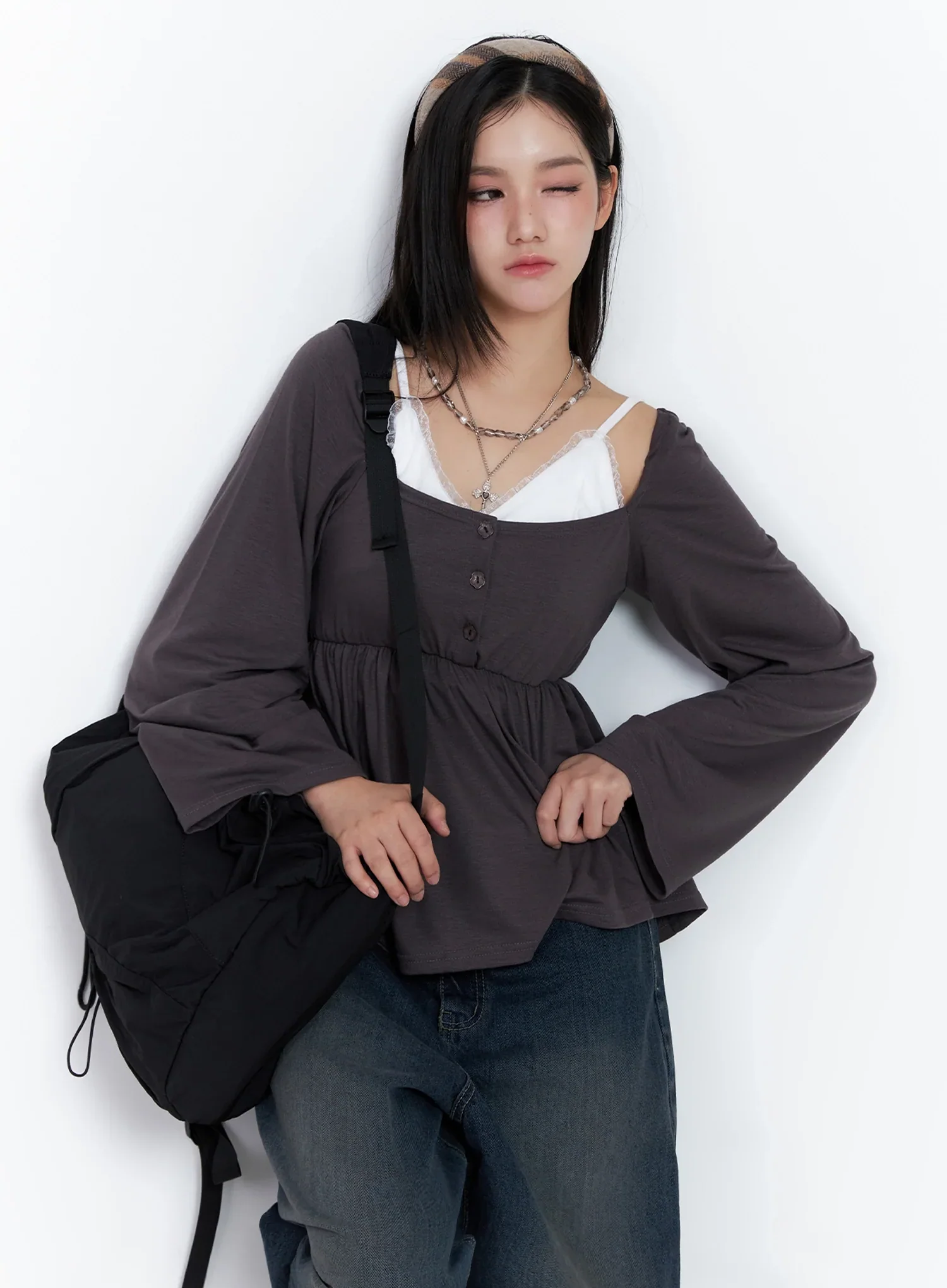 Shirred Flowy Buttoned Long Sleeve IS525