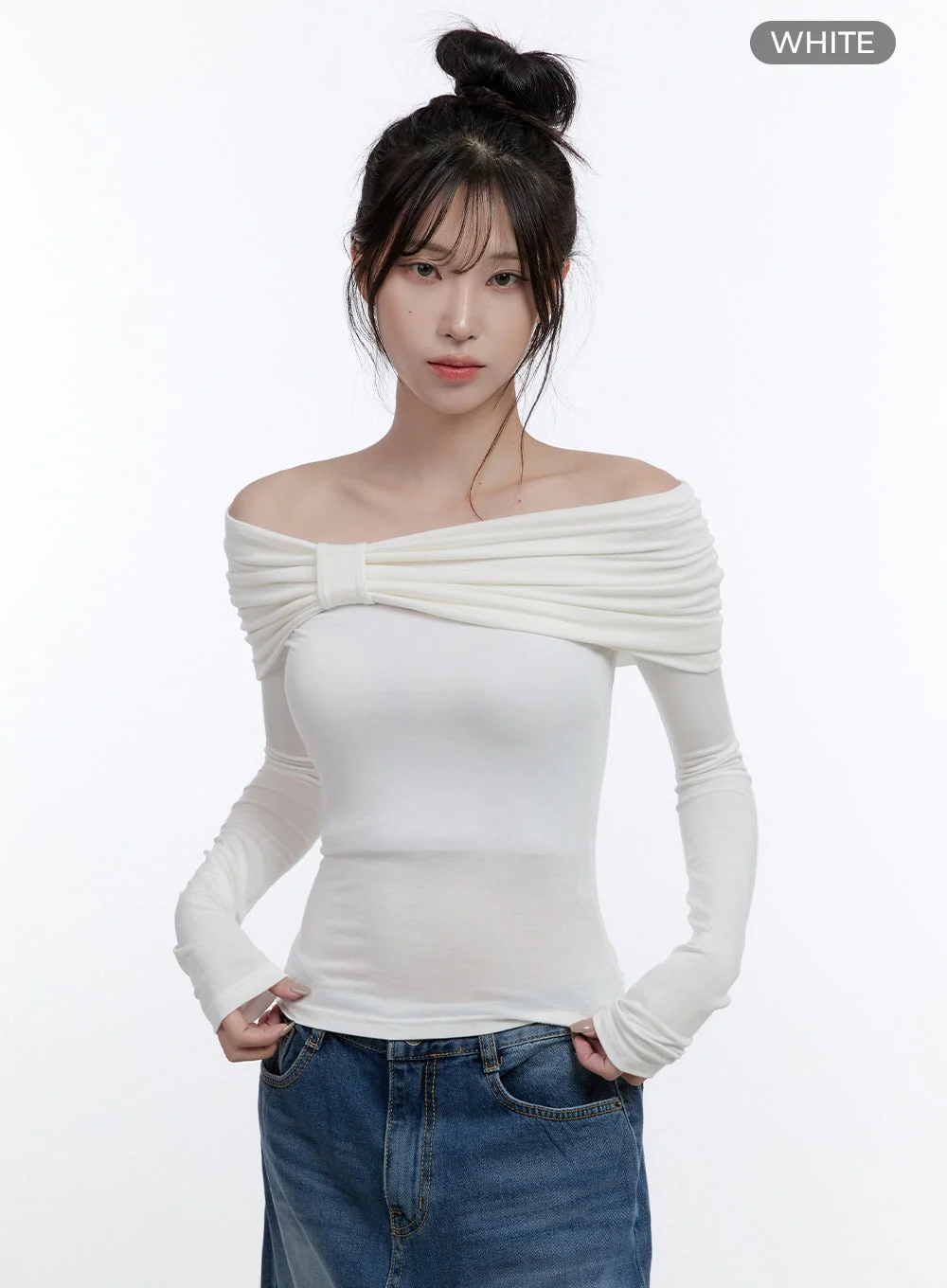 Shirred Off-Shoulder Solid T-Shirt CO419 - Image 9