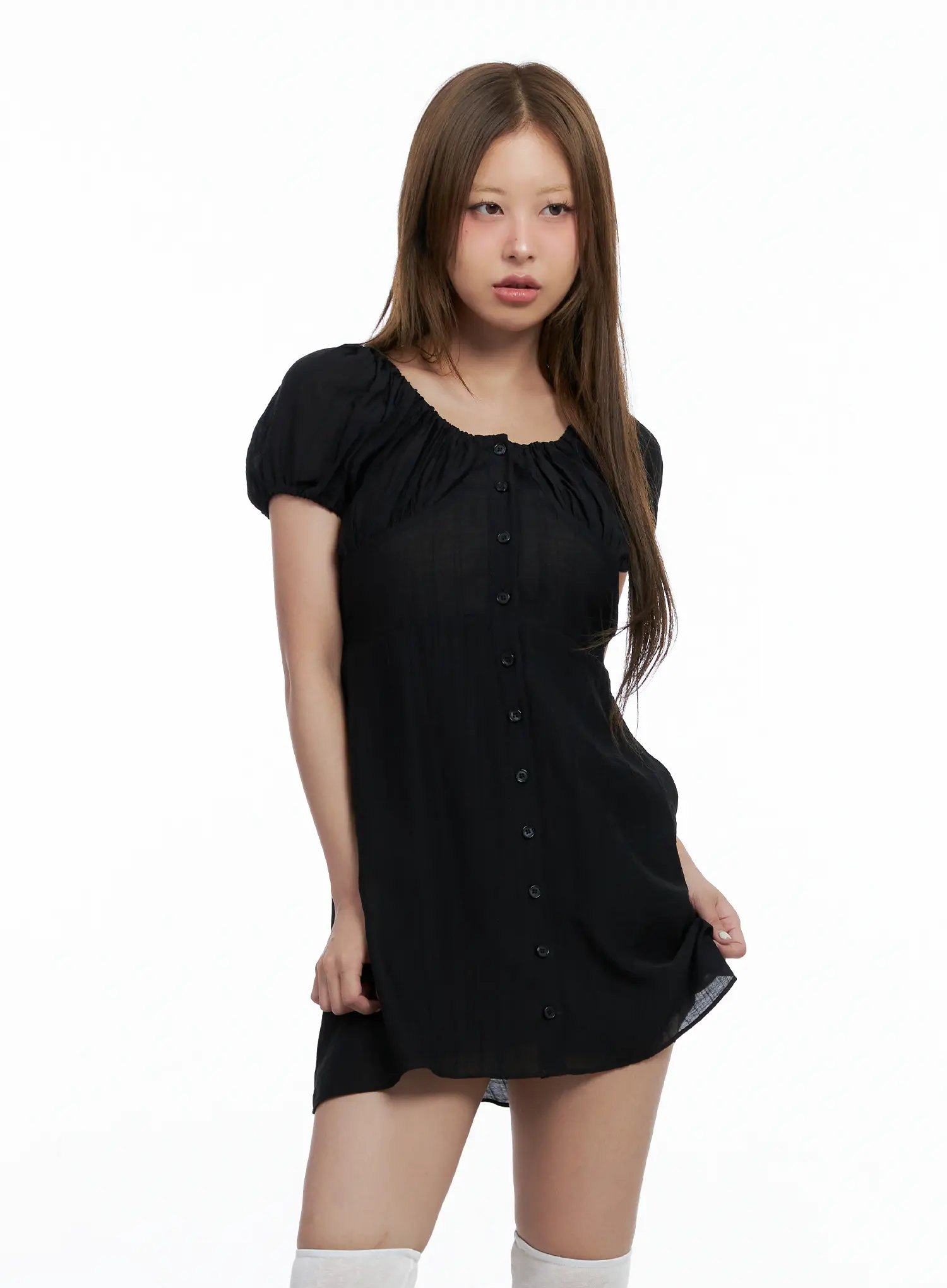 Shirred Puff-Sleeve Mini Dress CL510 - Image 2