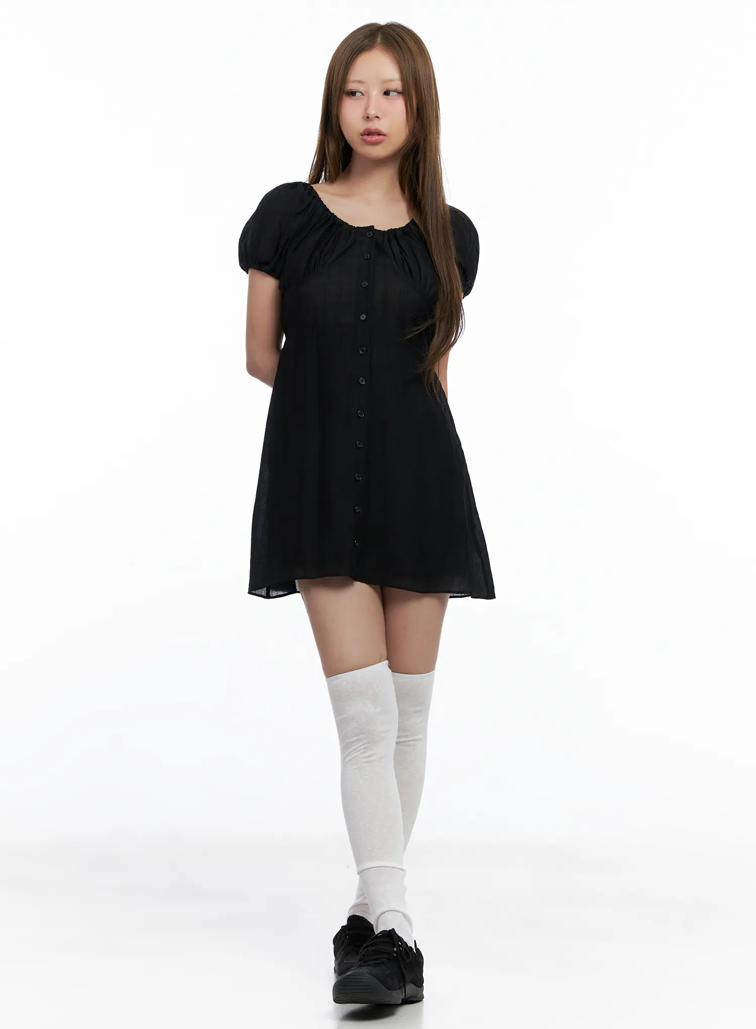 Shirred Puff-Sleeve Mini Dress CL510 - Image 3