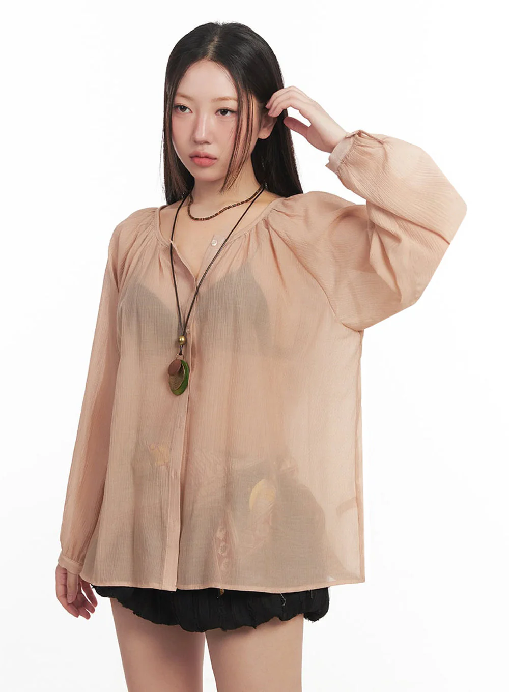 Shirred Sheer Buttoned Blouse IM528 - Image 13