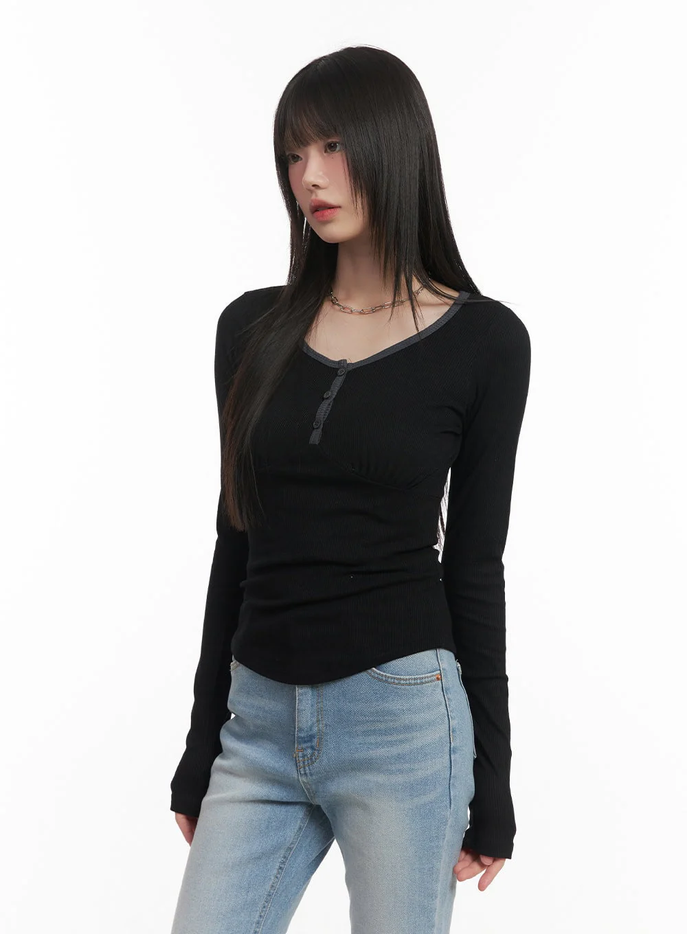 Shirred U-Neck Long-Sleeve Top CF519 - Image 10