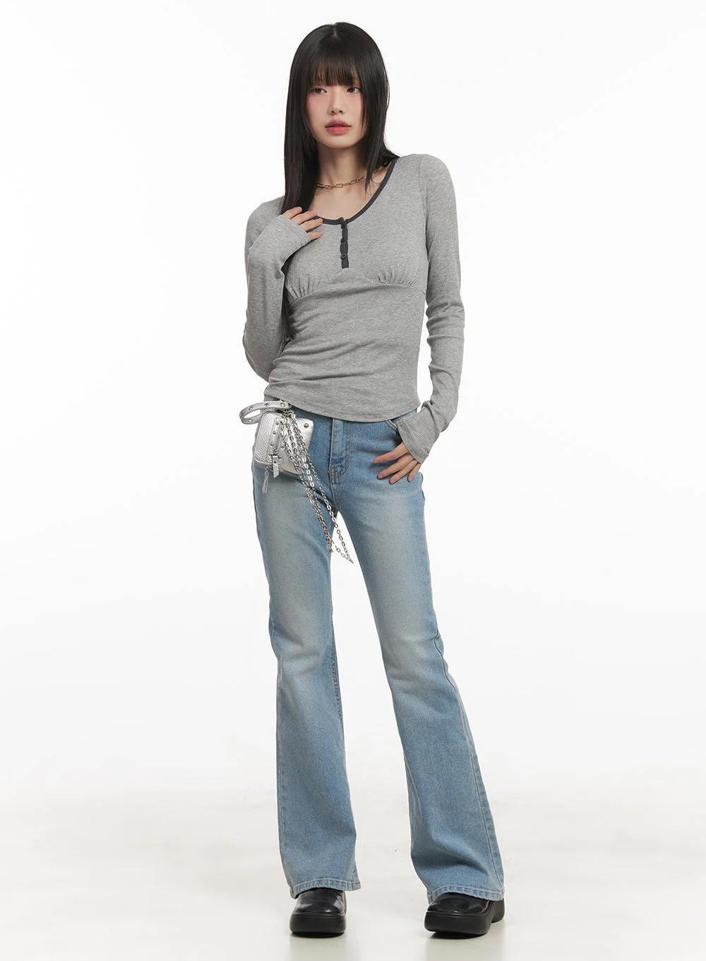 Shirred U-Neck Long-Sleeve Top CF519 - Image 2