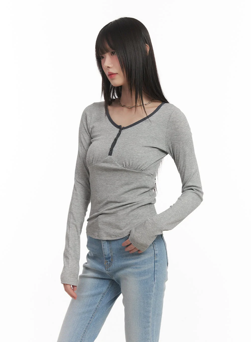 Shirred U-Neck Long-Sleeve Top CF519 - Image 4