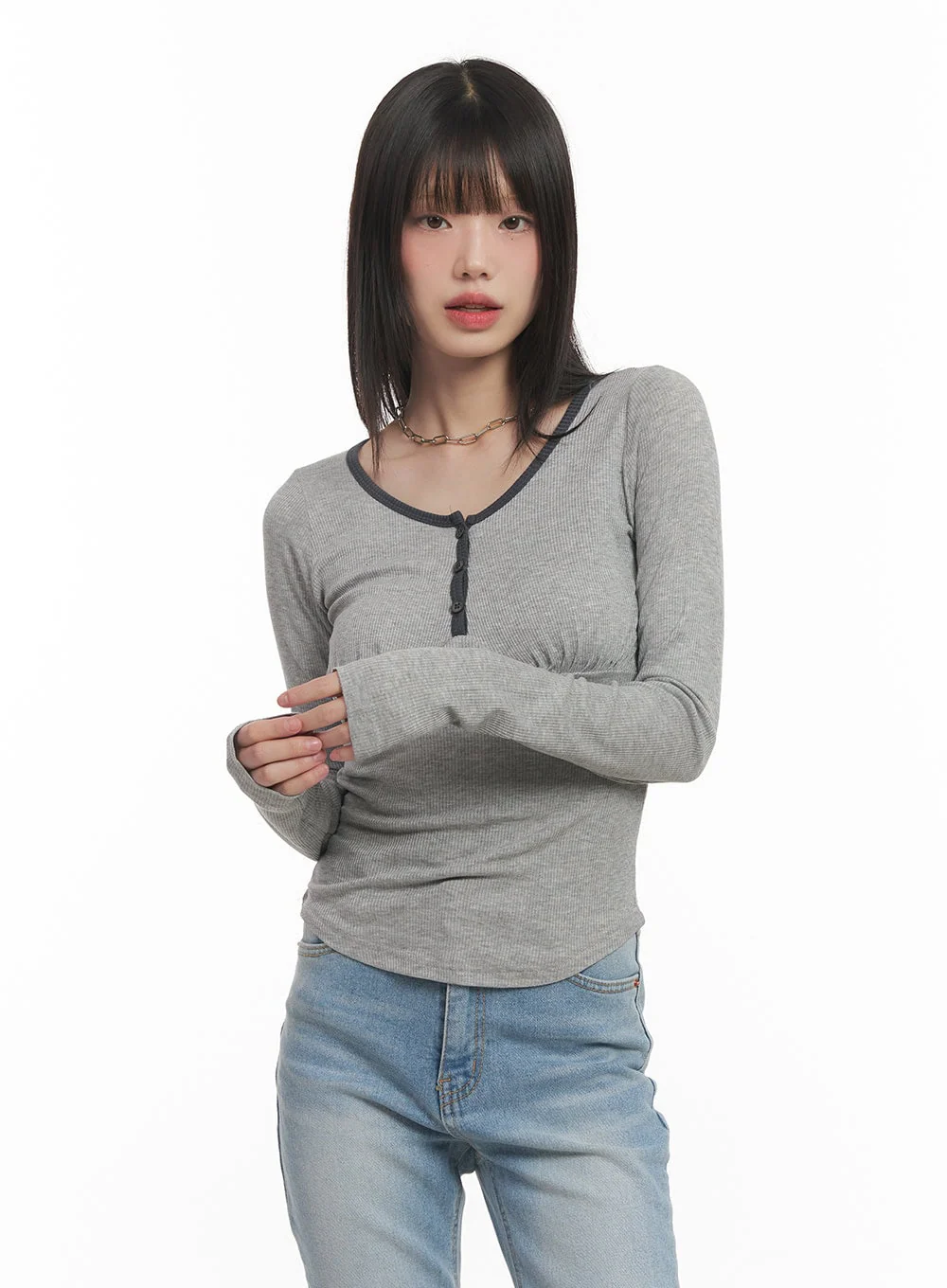 Shirred U-Neck Long-Sleeve Top CF519 - Image 8
