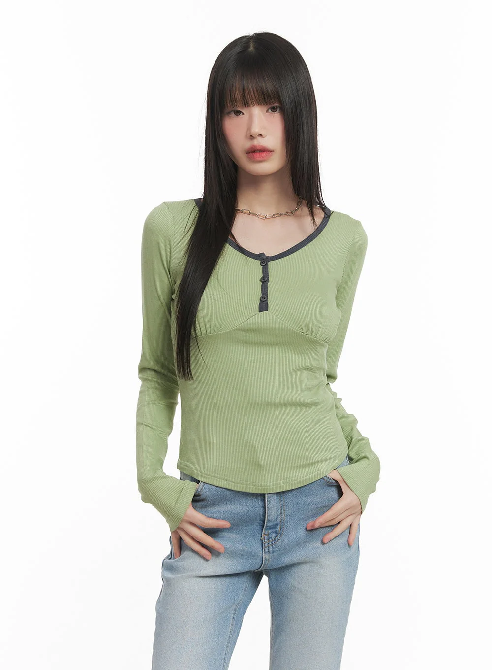 Shirred U-Neck Long-Sleeve Top CF519 - Image 9