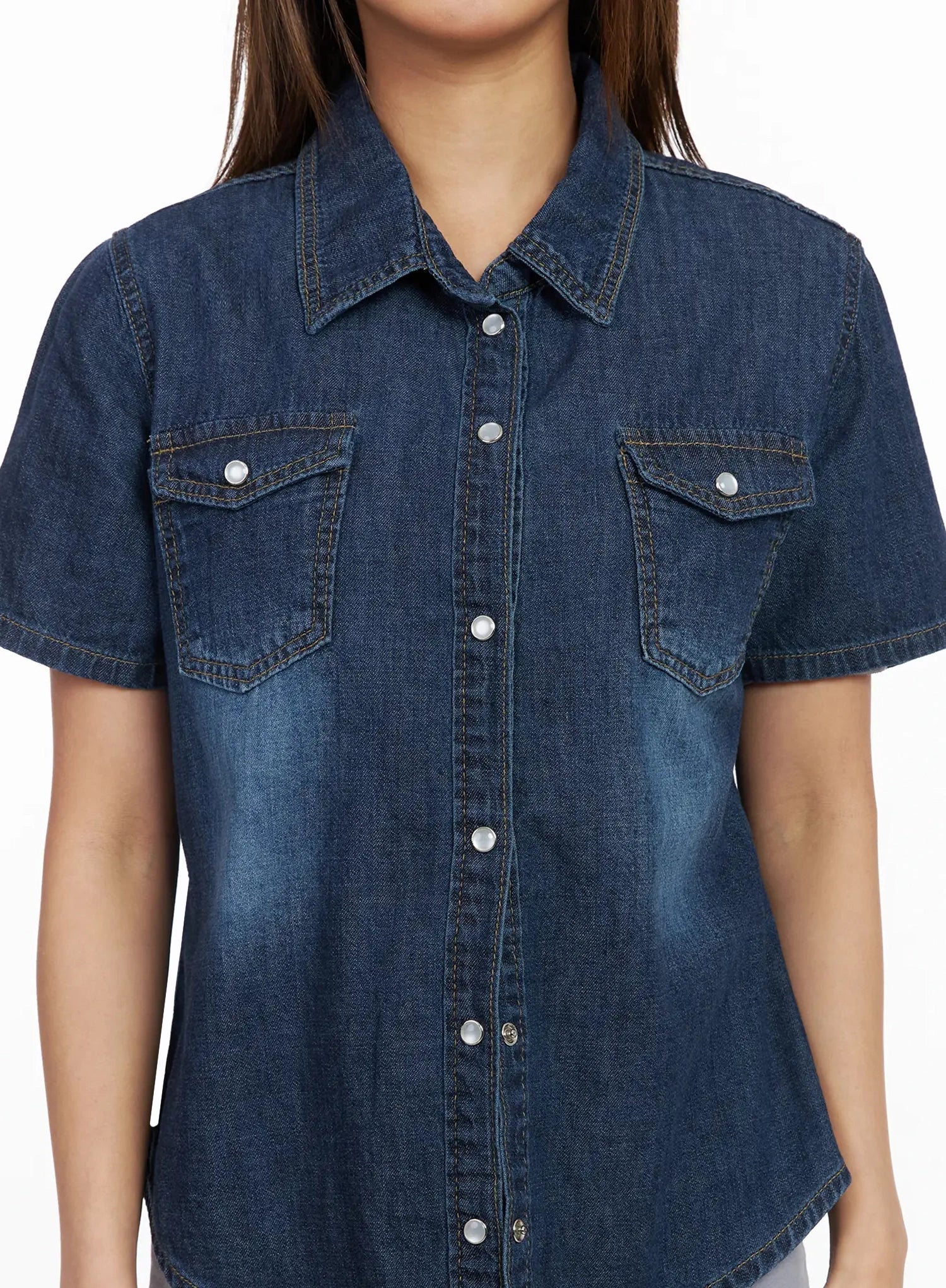 Short Sleeve Denim Button-Up Shirt IY501 - Image 4