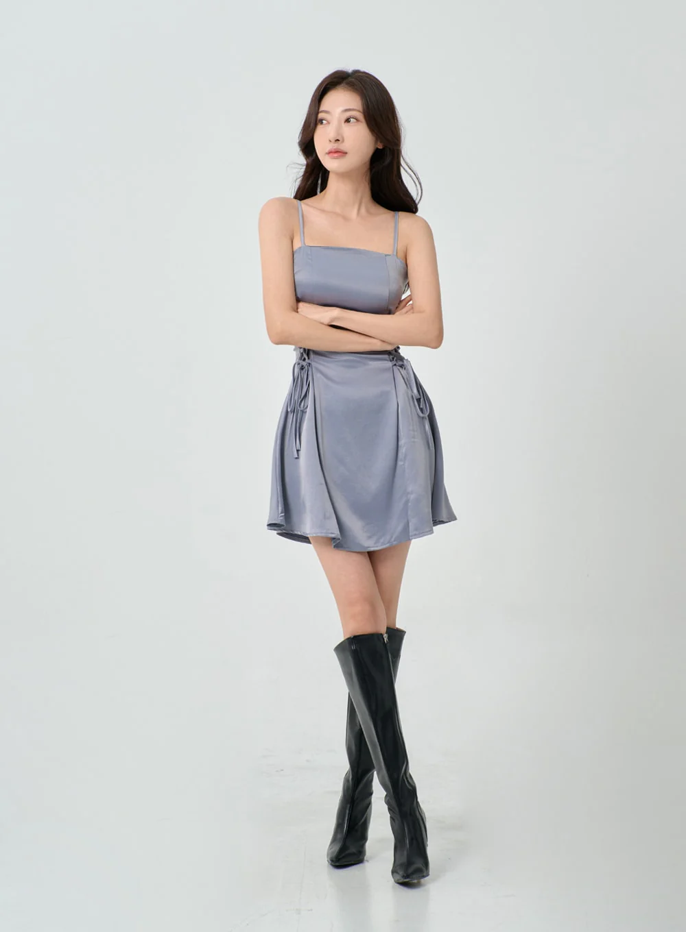 Silky Satin Cross Waist Tie Thin Strap Mini Dress IO27 - Image 4