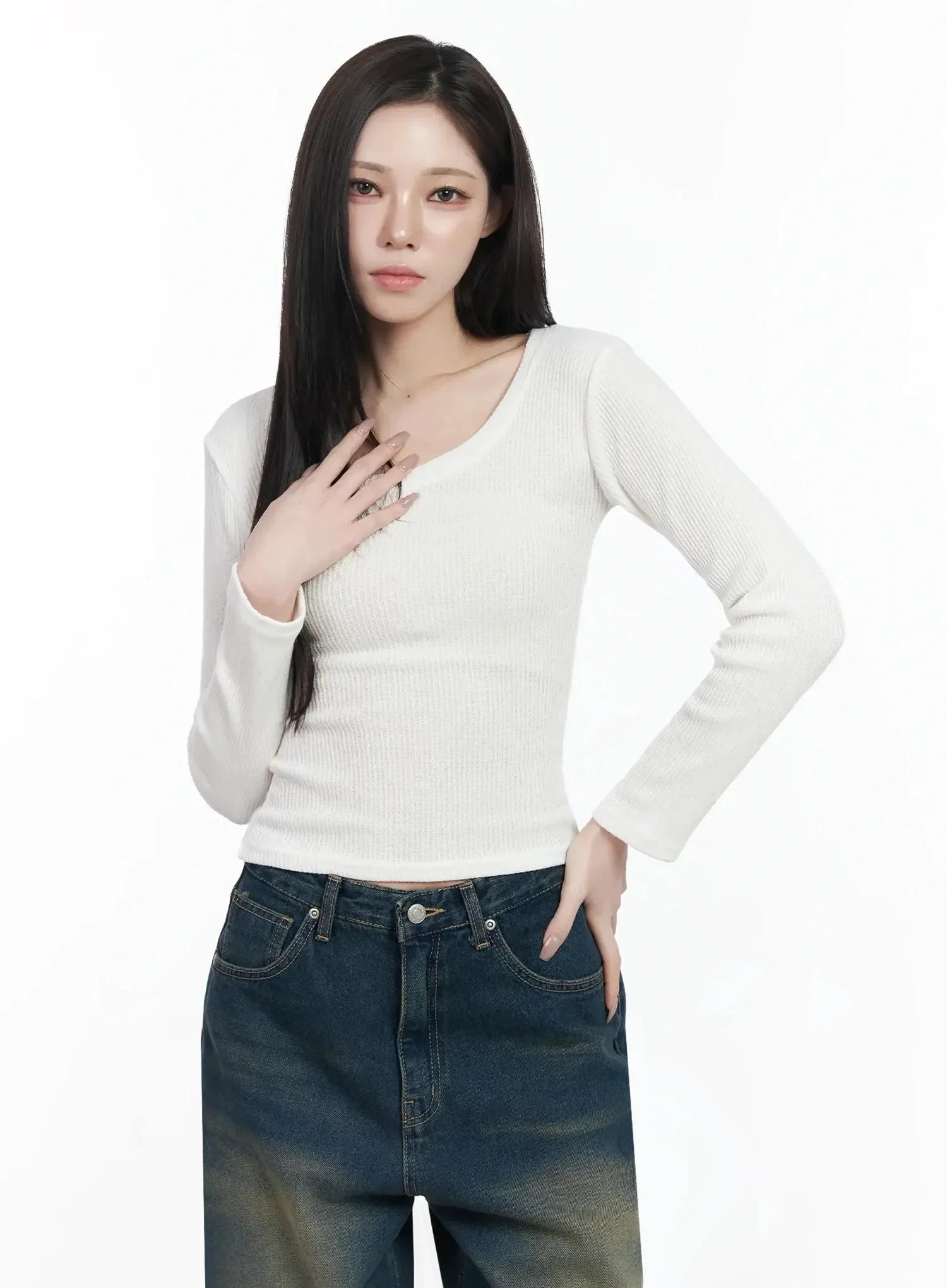 Simple Ribbed Round Neck Top IF502 - Image 4