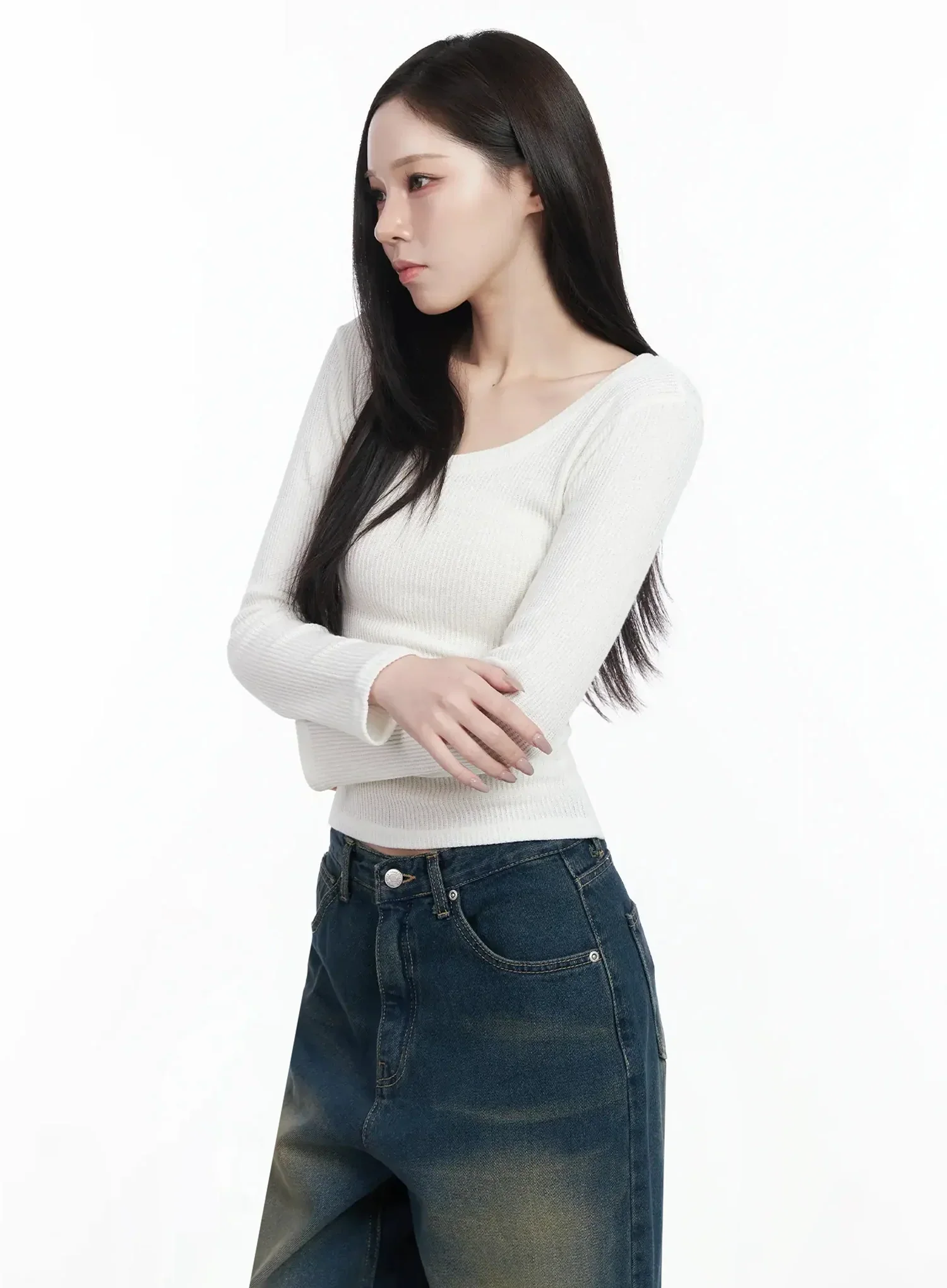 Simple Ribbed Round Neck Top IF502 - Image 5