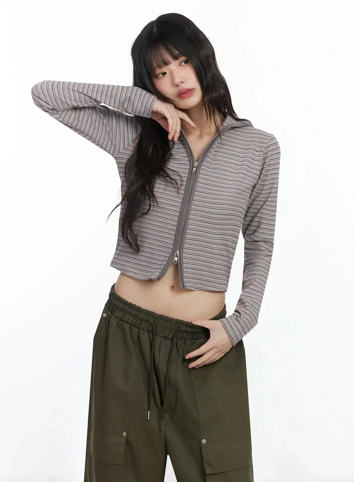 Slim Fit Striped Zip-Up Hoodie F516 - Image 12