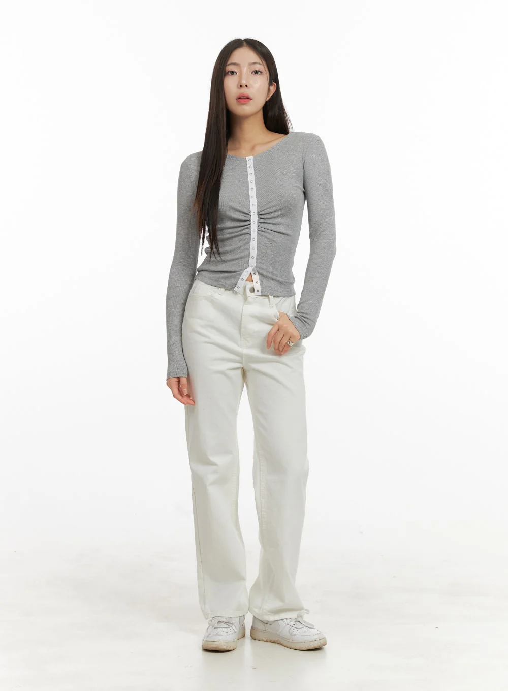 Solid Button Long Sleeve Top OA429 - Image 2