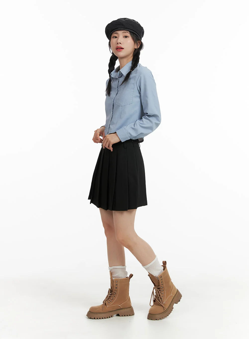 Solid Collar Button-Up Crop Top OM408 - Image 2