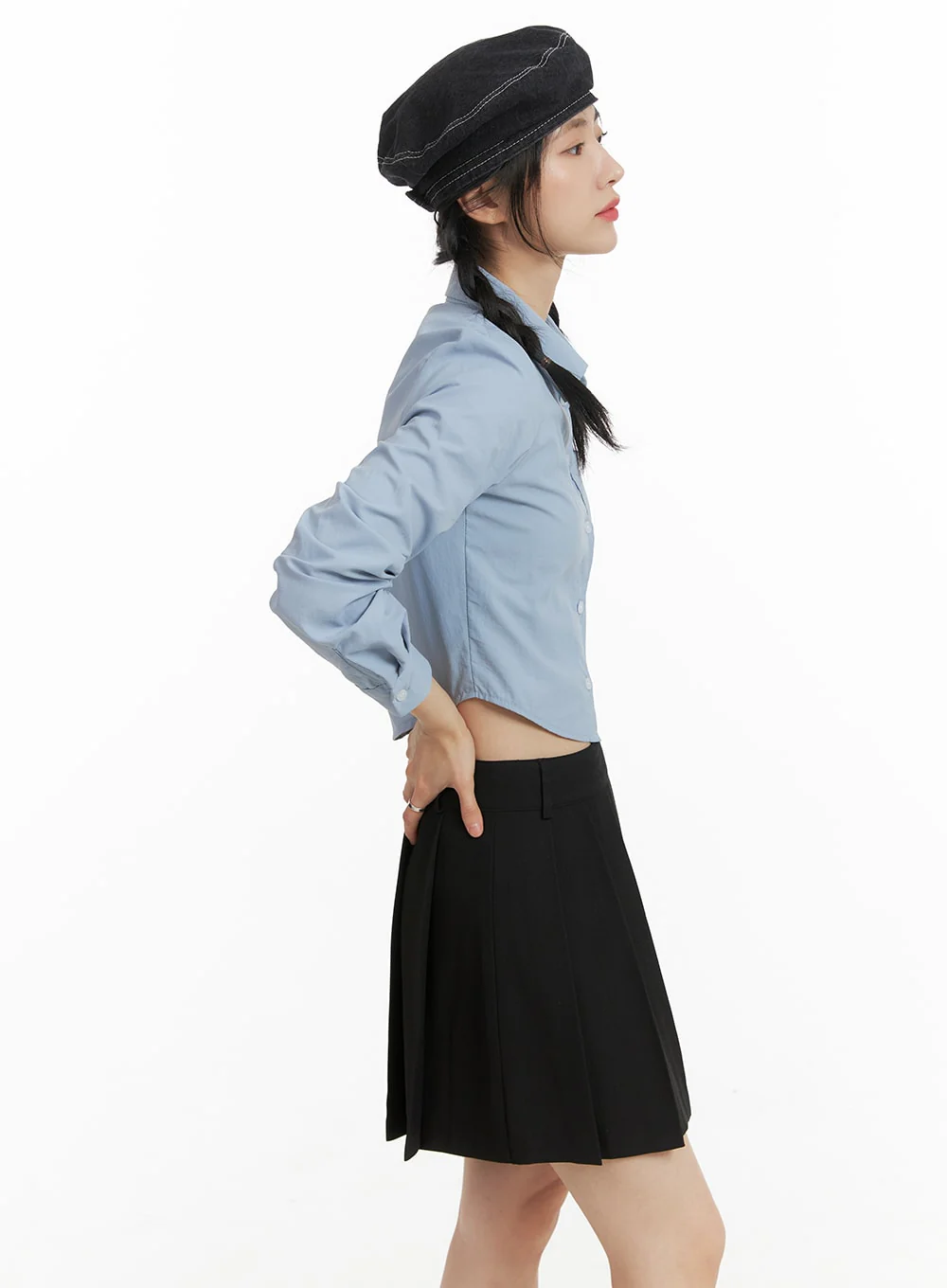Solid Collar Button-Up Crop Top OM408 - Image 4