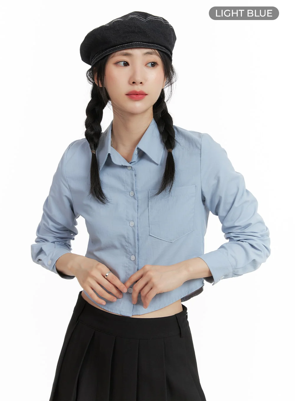 Solid Collar Button-Up Crop Top OM408 - Image 6