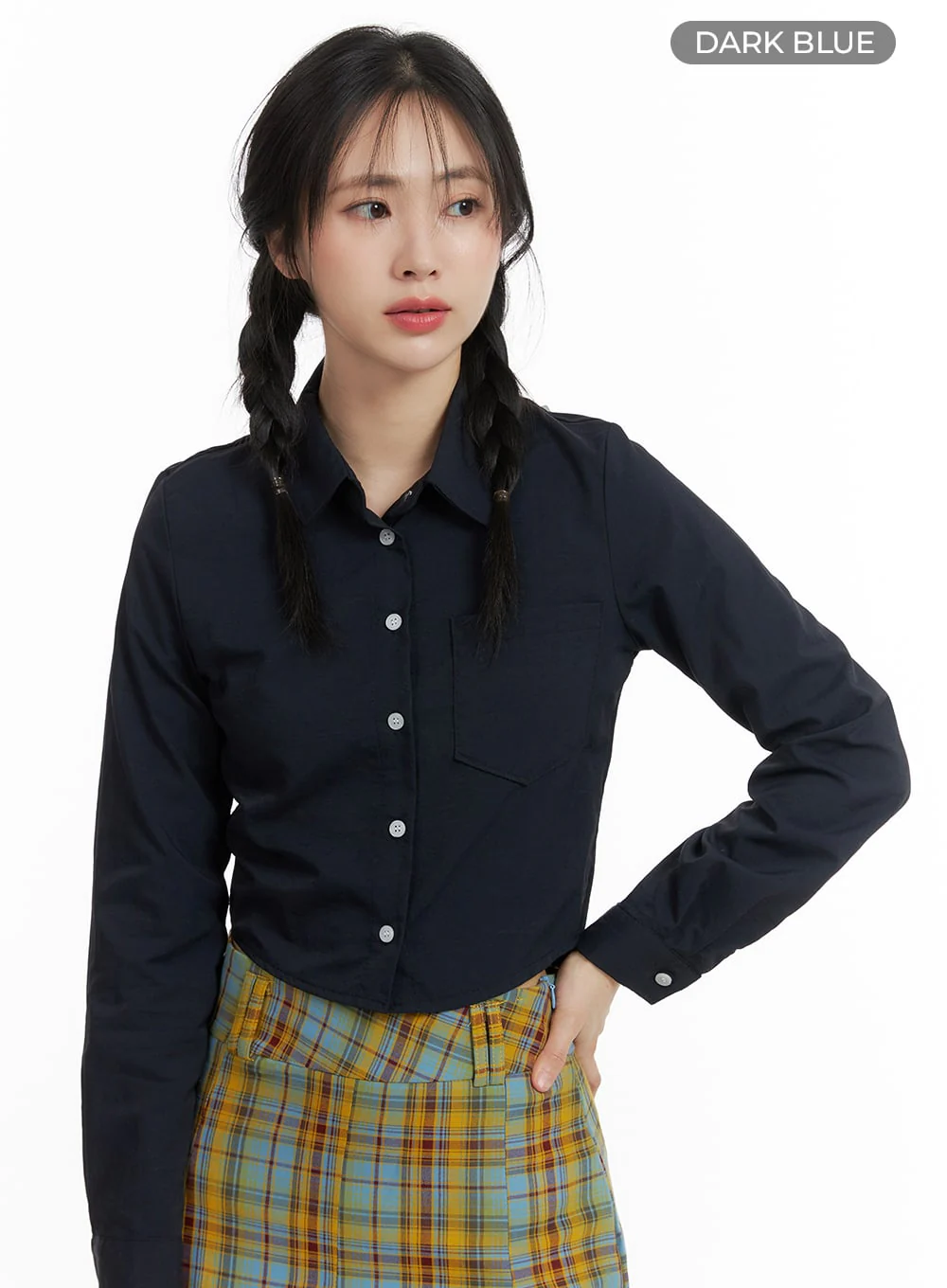 Solid Collar Button-Up Crop Top OM408 - Image 7