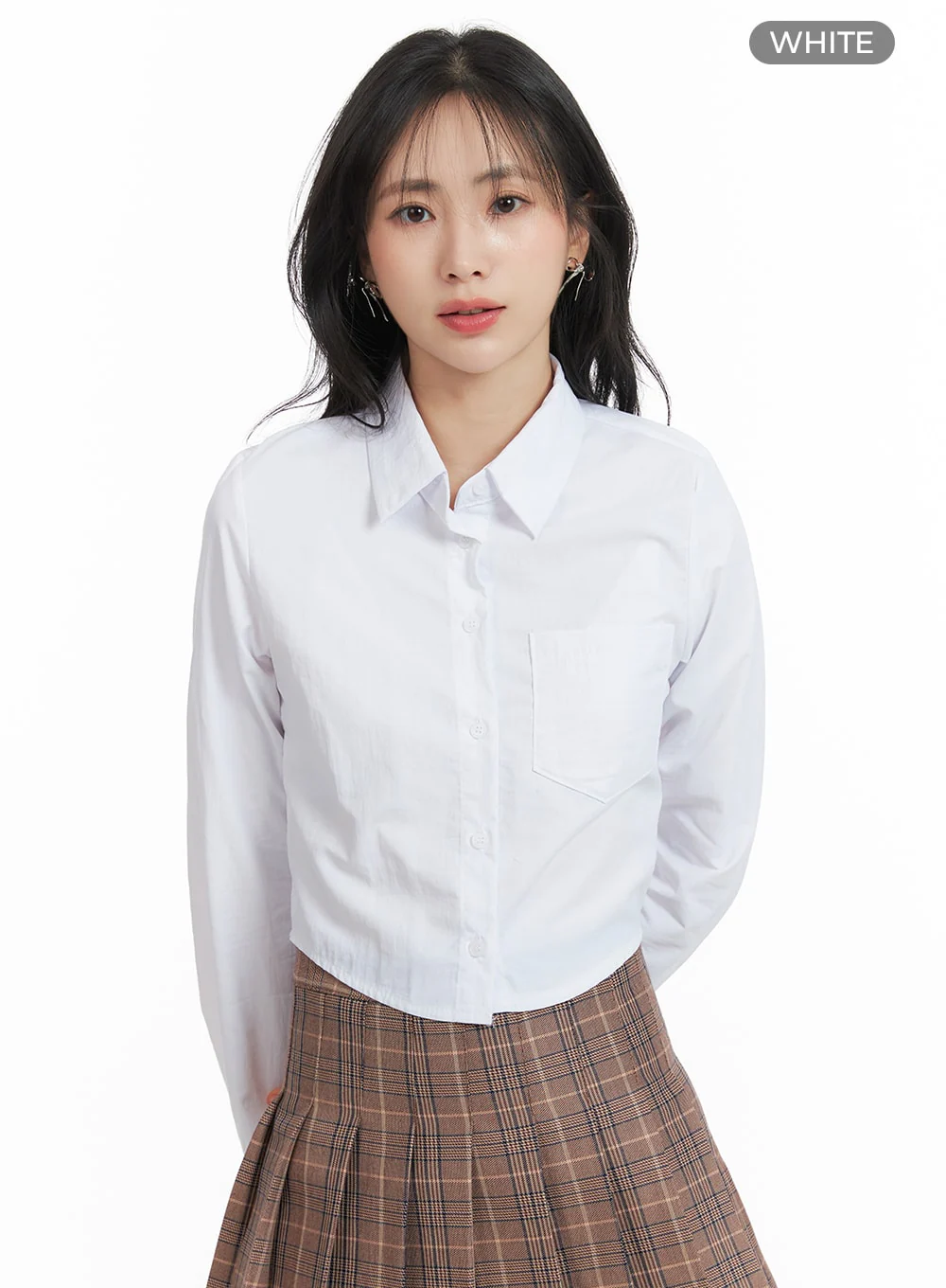 Solid Collar Button-Up Crop Top OM408 - Image 8