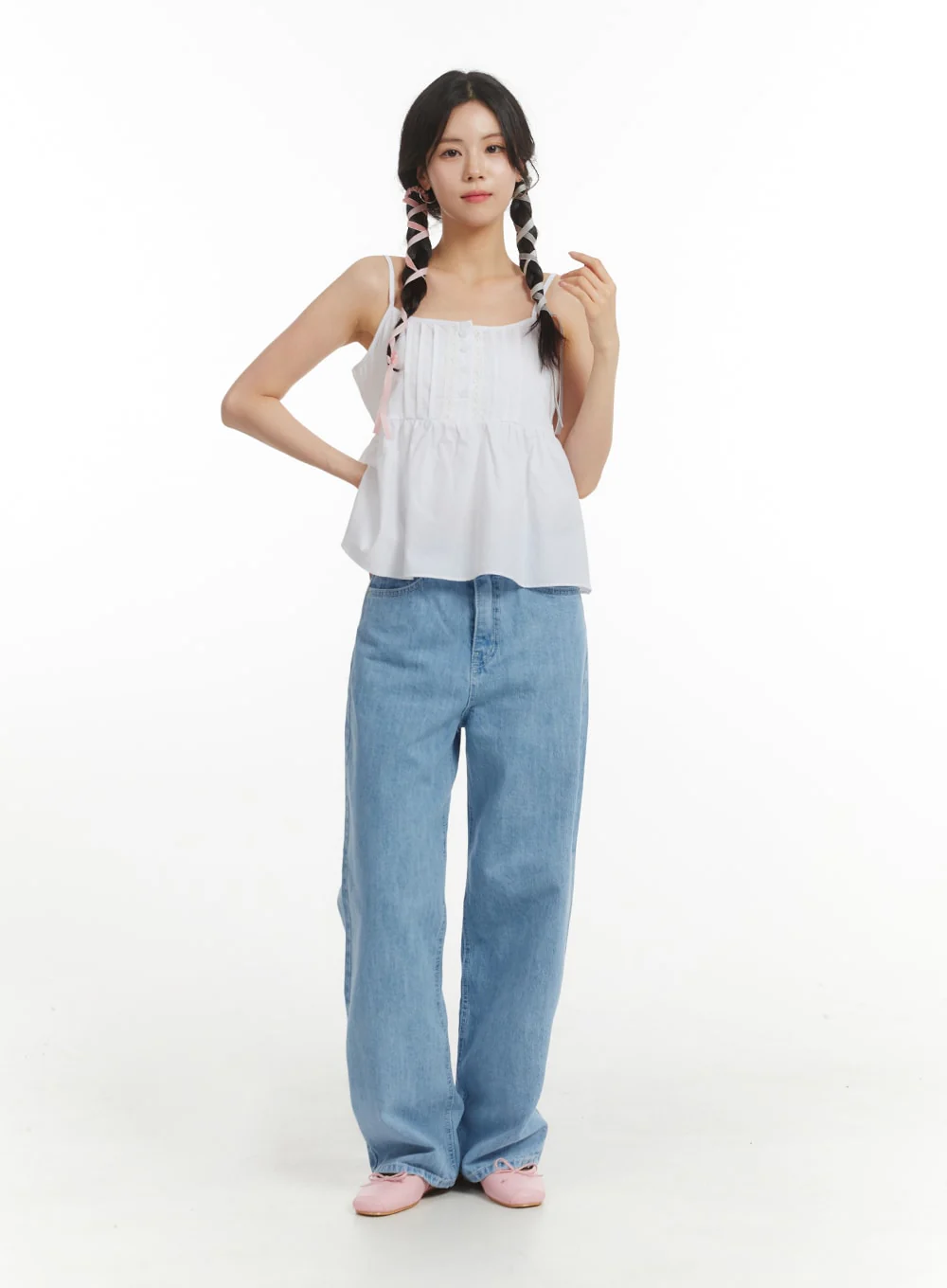 Solid Ruffle Hem Button-Up Cami Top OM406 - Image 2