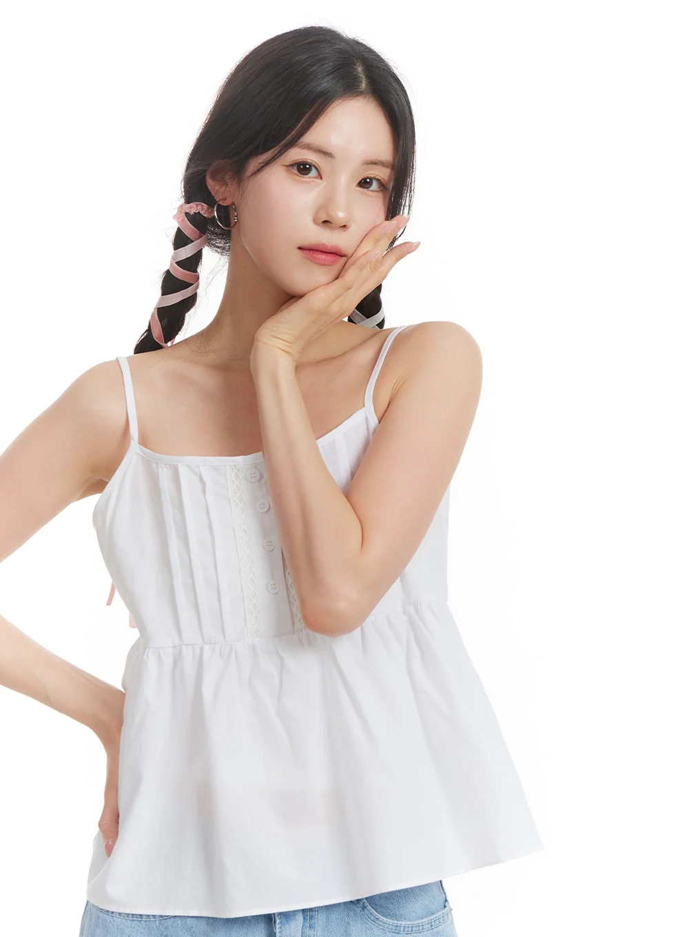 Solid Ruffle Hem Button-Up Cami Top OM406 - Image 3