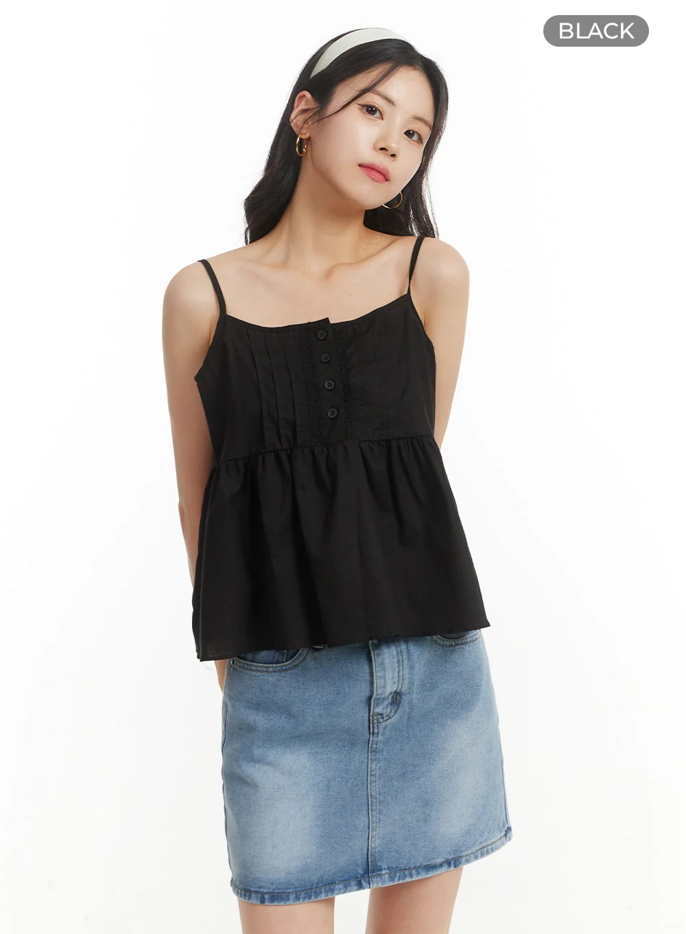 Solid Ruffle Hem Button-Up Cami Top OM406 - Image 7