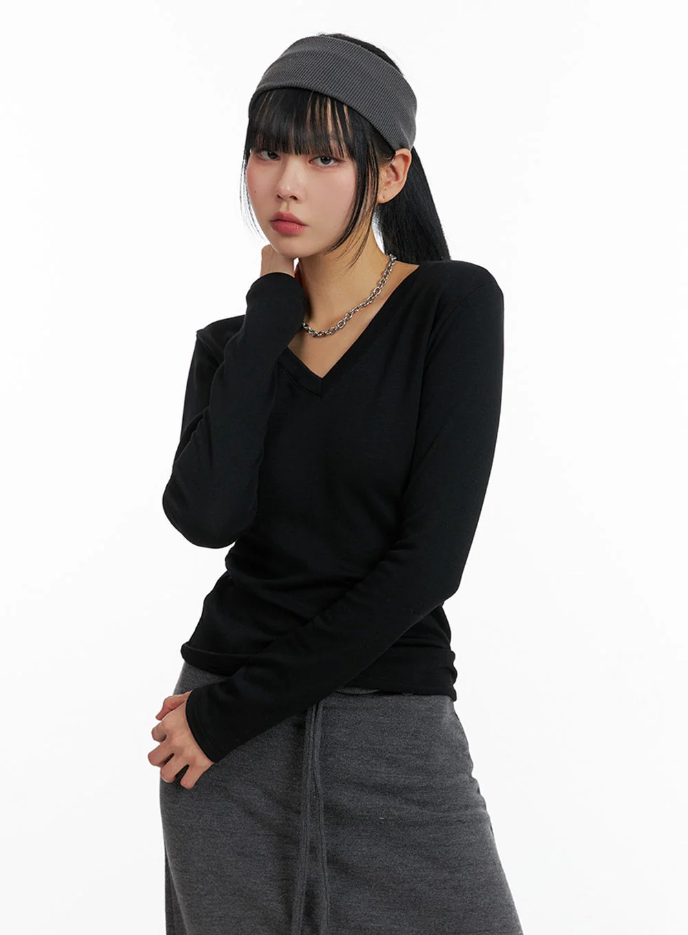 Solid V-Neck Long Sleeve IF402 - Image 2