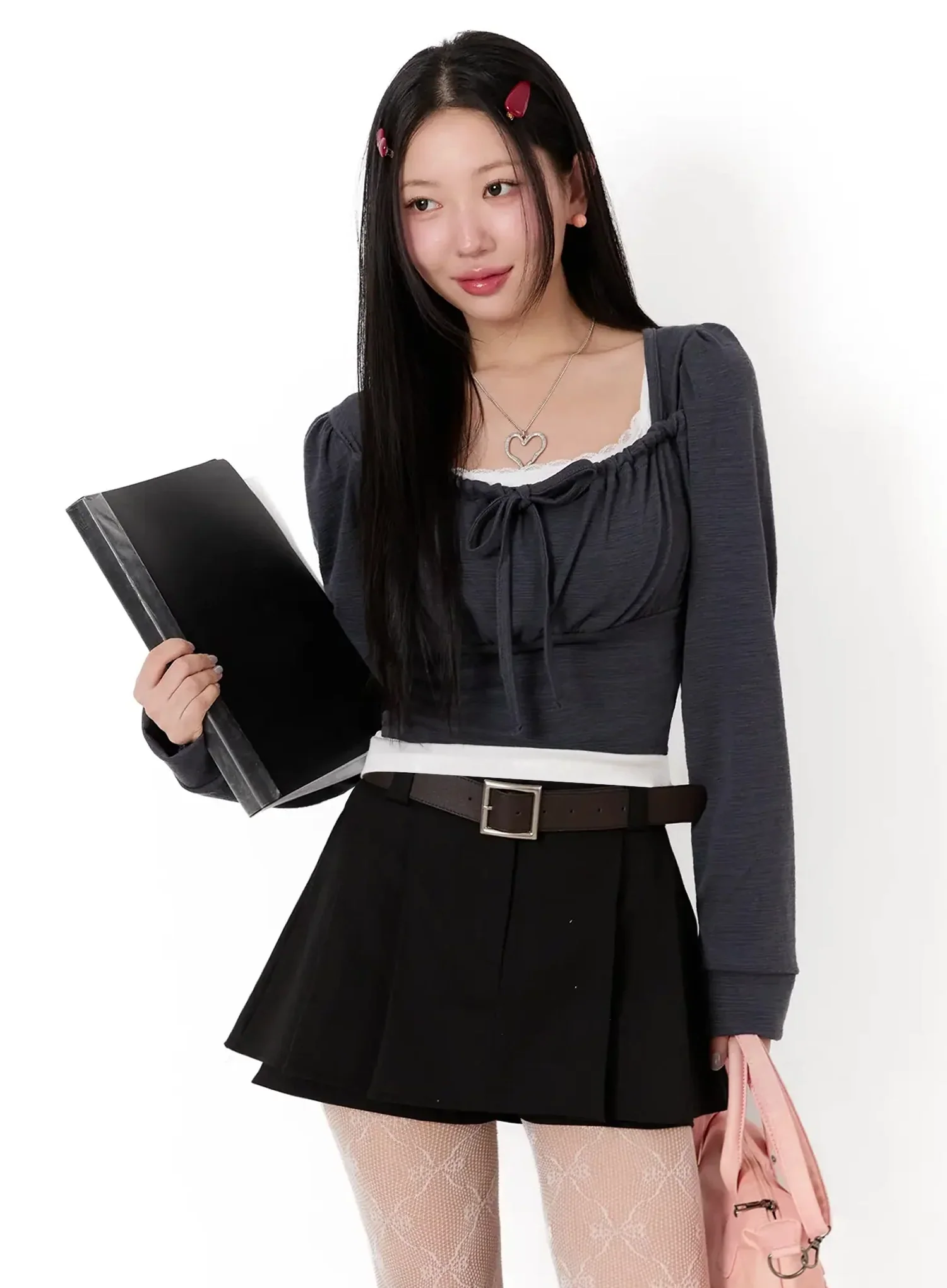 Square Neck Ribbon Long Sleeve Top IM513
