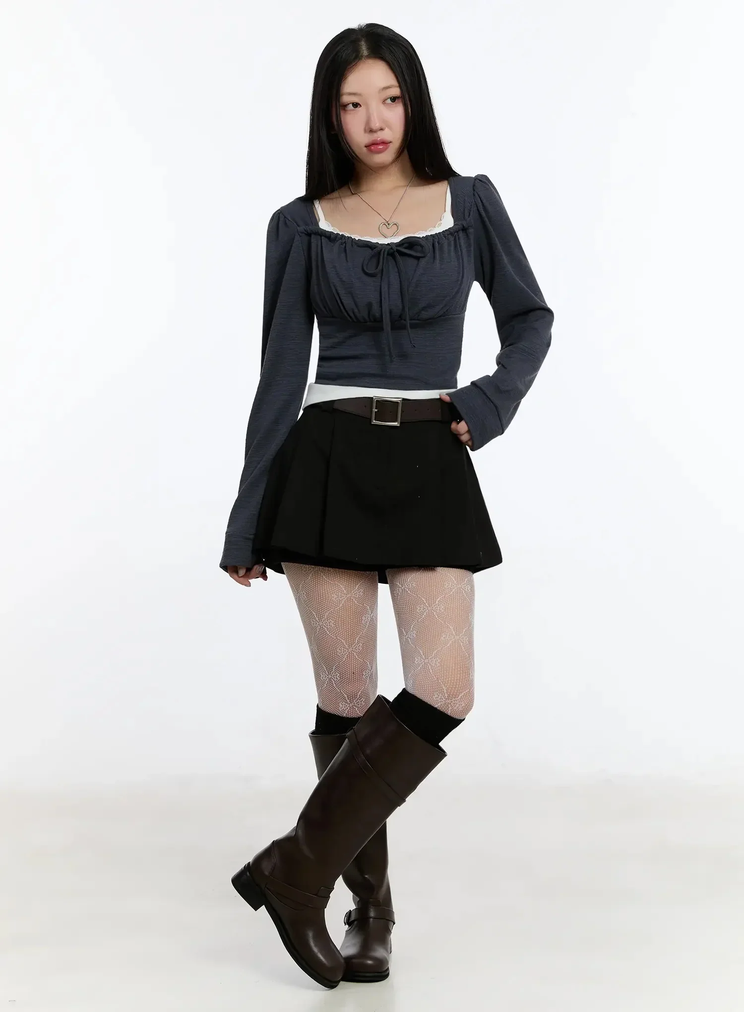 Square Neck Ribbon Long Sleeve Top IM513 - Image 3