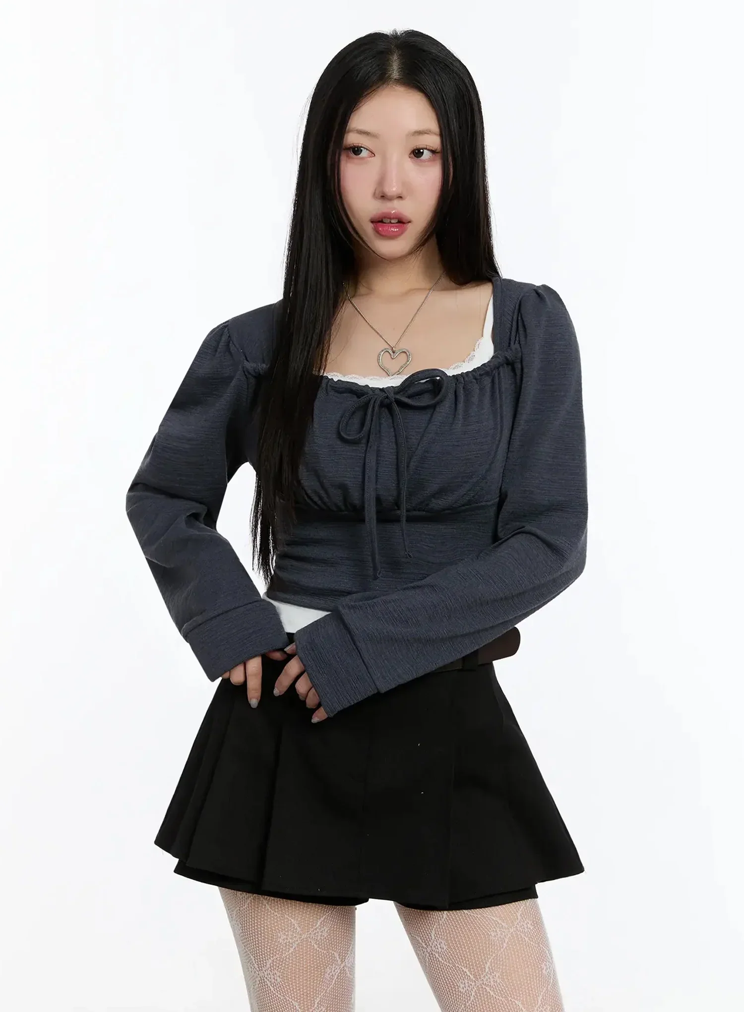 Square Neck Ribbon Long Sleeve Top IM513 - Image 5