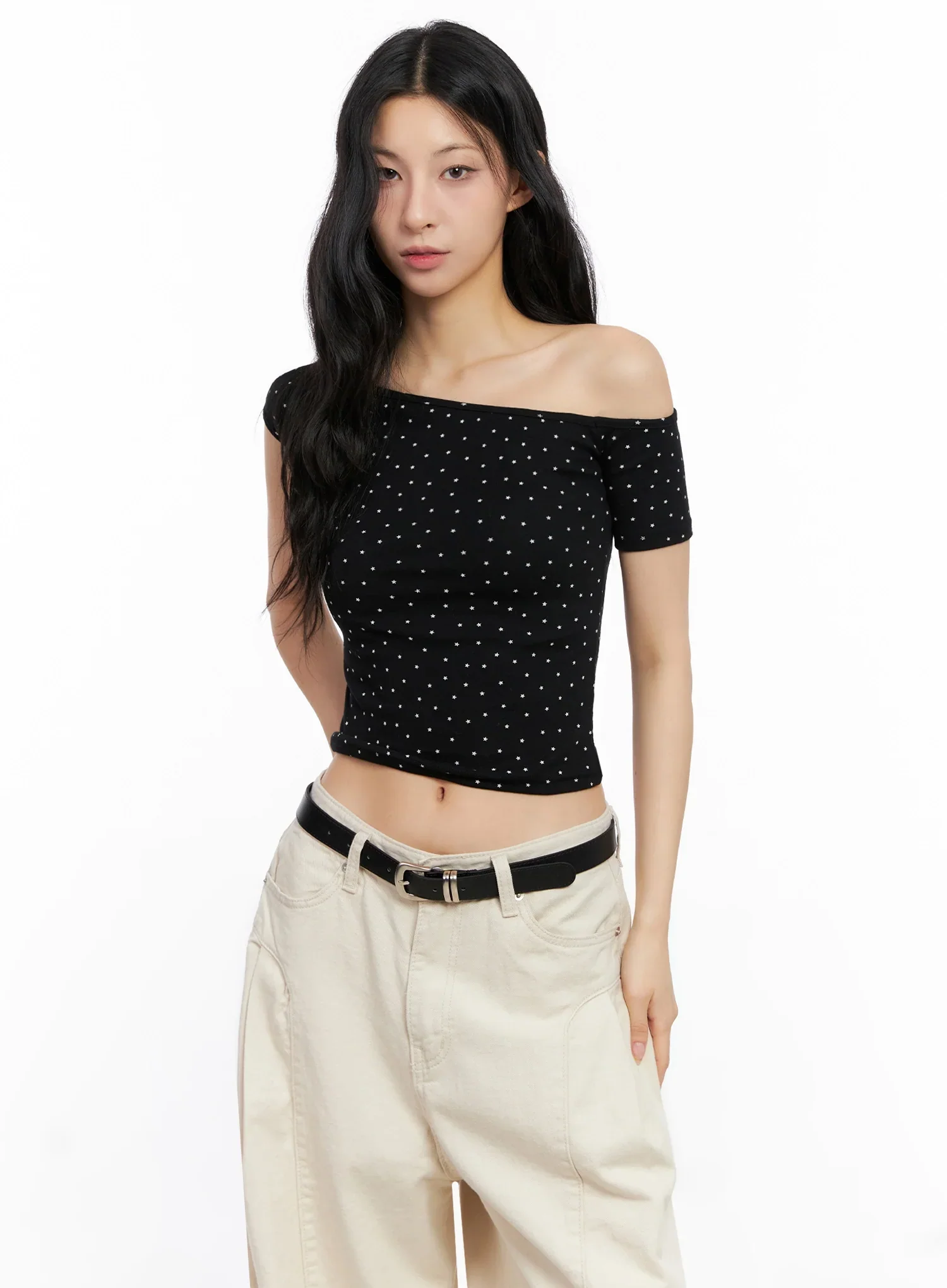 Star Print Off-Shoulder Crop Top IG508 - Image 16