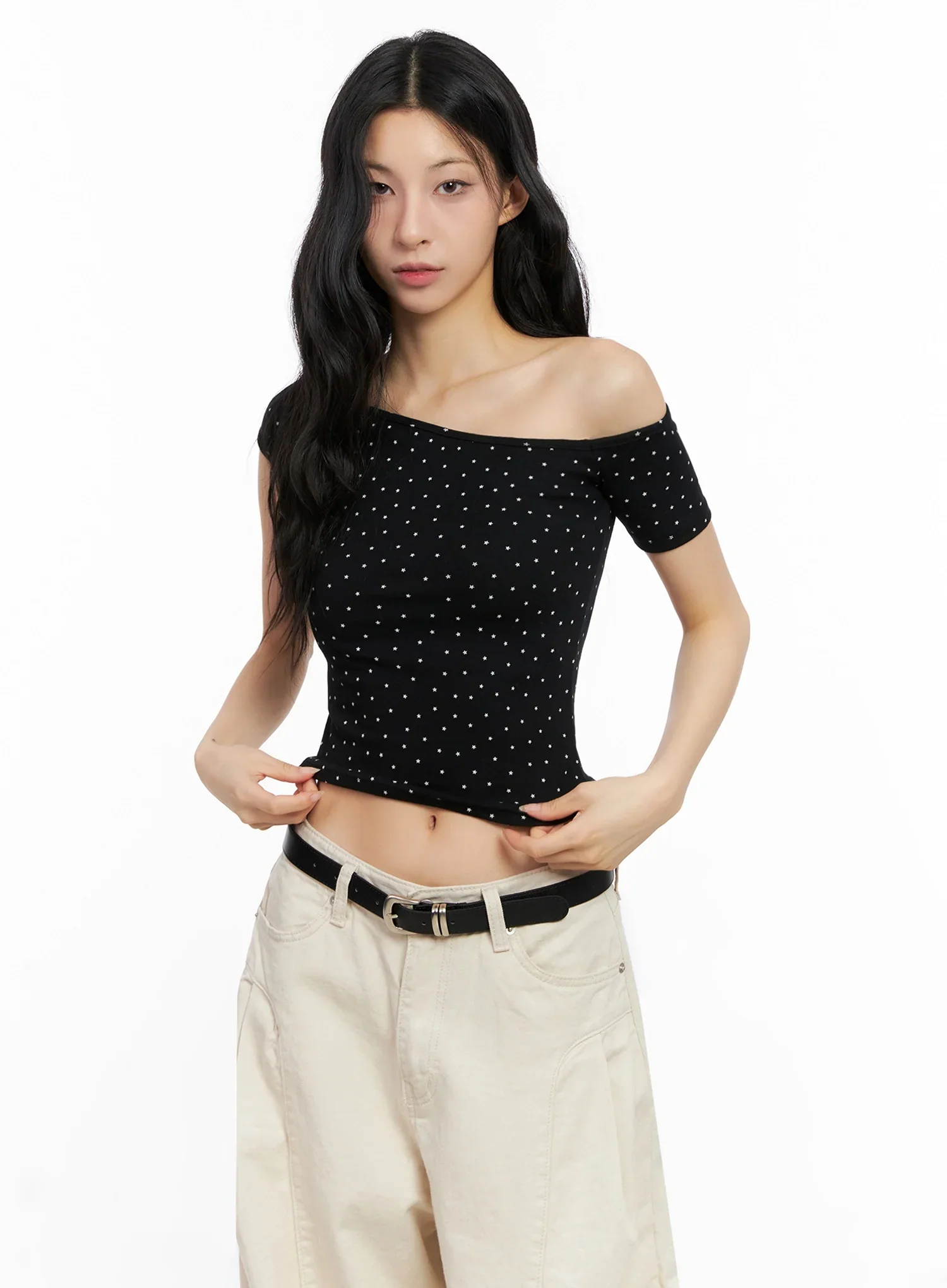 Star Print Off-Shoulder Crop Top IG508 - Image 9