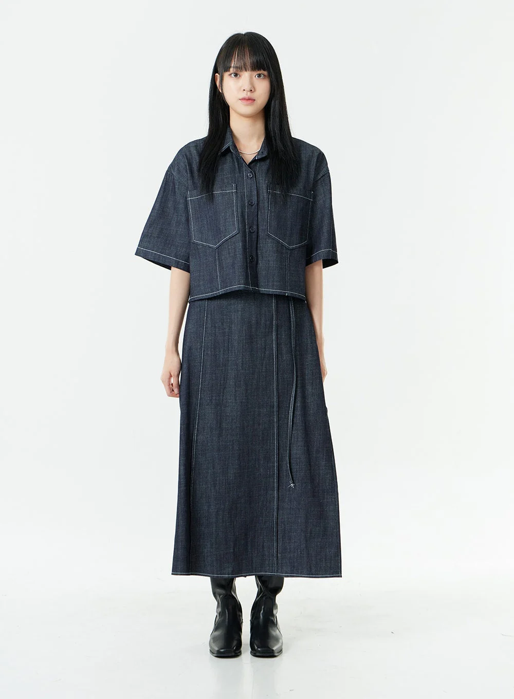Stitch Denim Set-Up Blouse with Pocket OG23 - Image 12