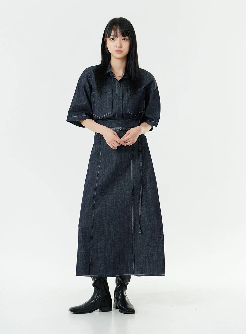 Stitch Denim Set-Up Blouse with Pocket OG23 - Image 3